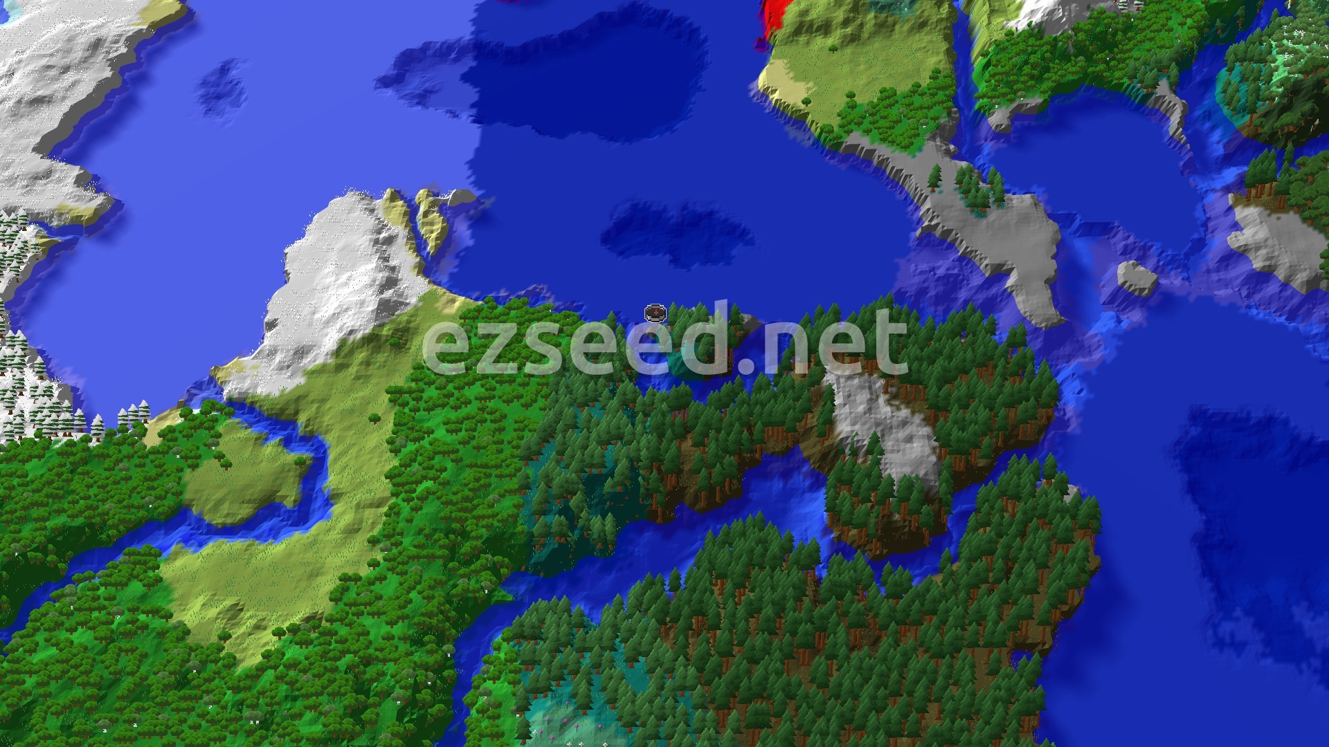 An aerial view of a forested island surrounded by ocean, with snowy mountains in the distance and a small spawn marker at the center.
