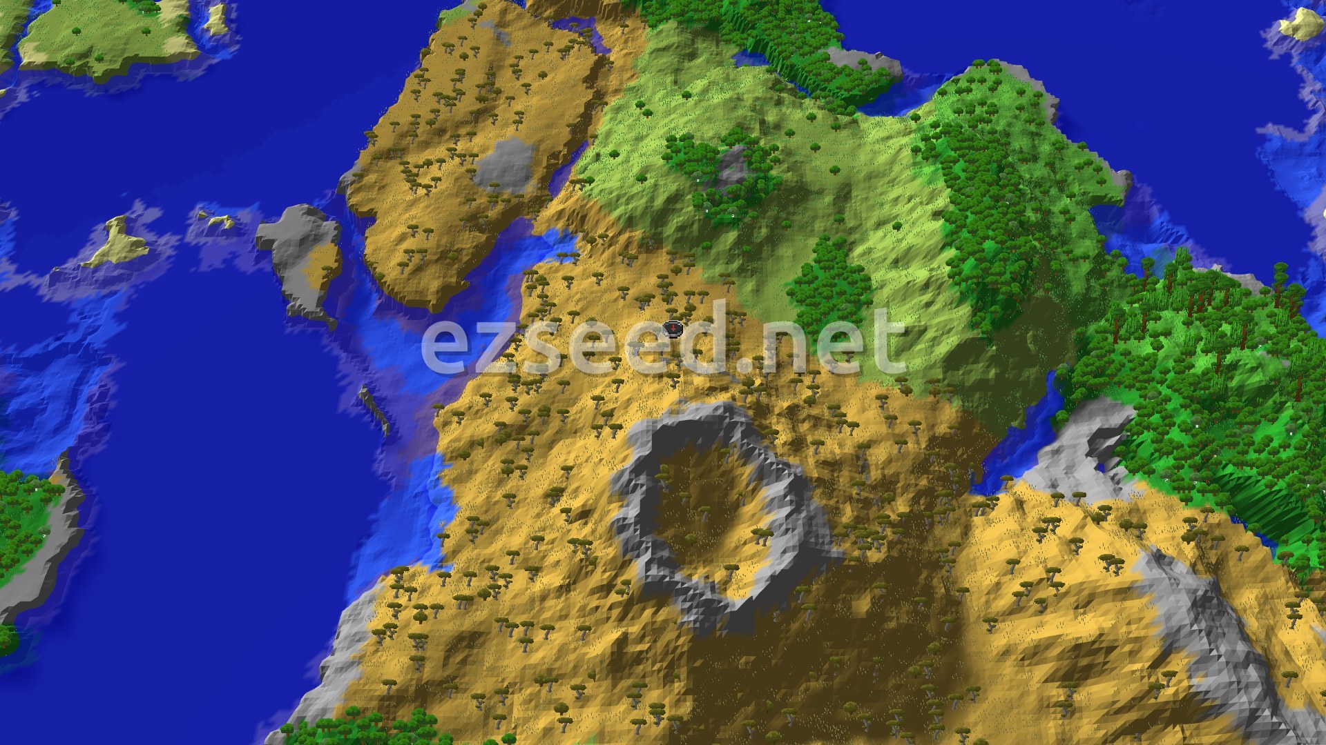 A savanna ridge of acacia trees and tan grass runs between open water on the left and green forest hills on the right, with a grey rocky crater south of the spawn marker.
