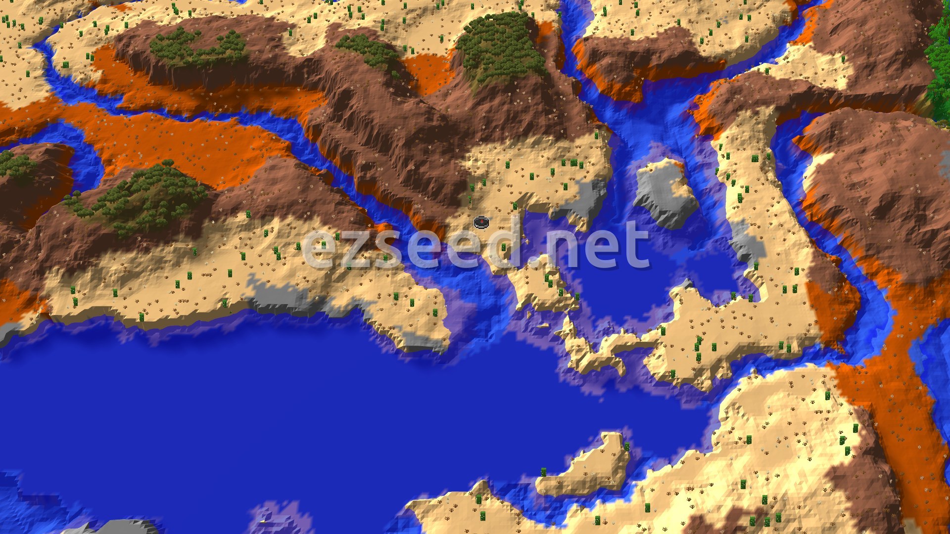 A sandy desert with cacti sits between red-brown badlands ridges and wide blue water, with a small spawn marker at the centre.