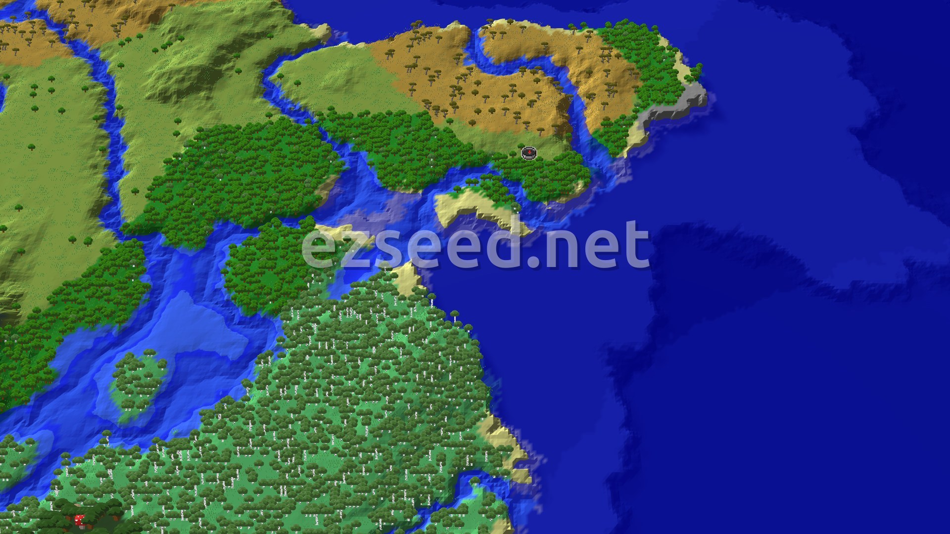 A forested coastline with a spawn marker, savanna and plains to the north, a river channel, and birch woods and deep blue ocean to the south and east.