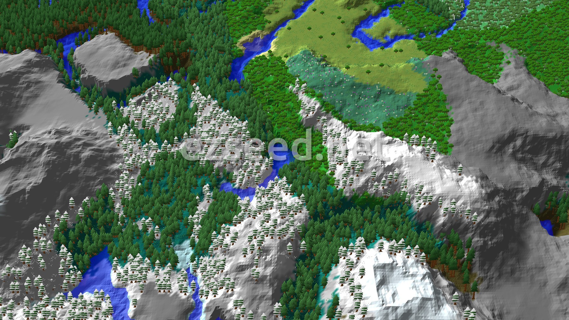 Aerial Minecraft seed map — Woodland Mansion with Valley and Trail Ruins