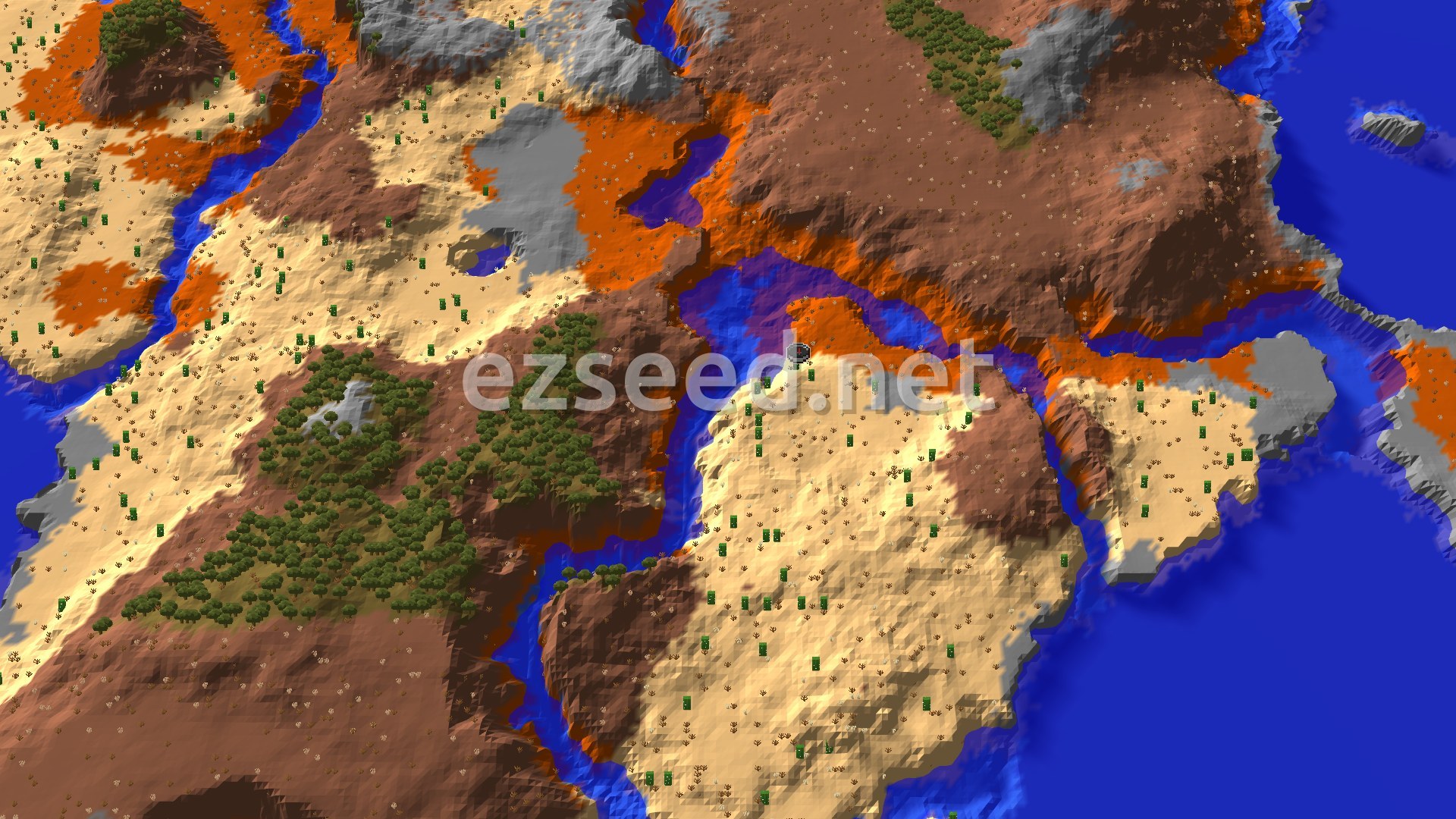 Pale desert plateaus split by blue river channels, with orange and brown badlands terraces, wooded hills and open ocean at the right edge.