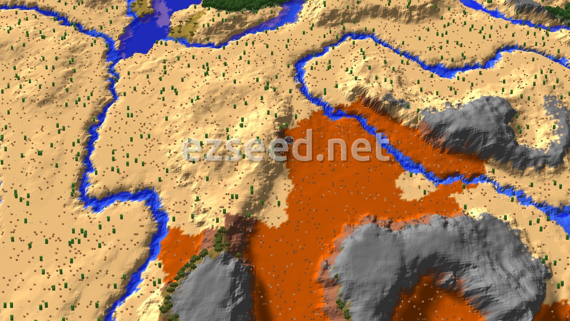 Orange terracotta badlands spread across a tan desert, with blue rivers winding between sandy ridges and grey stone outcrops.