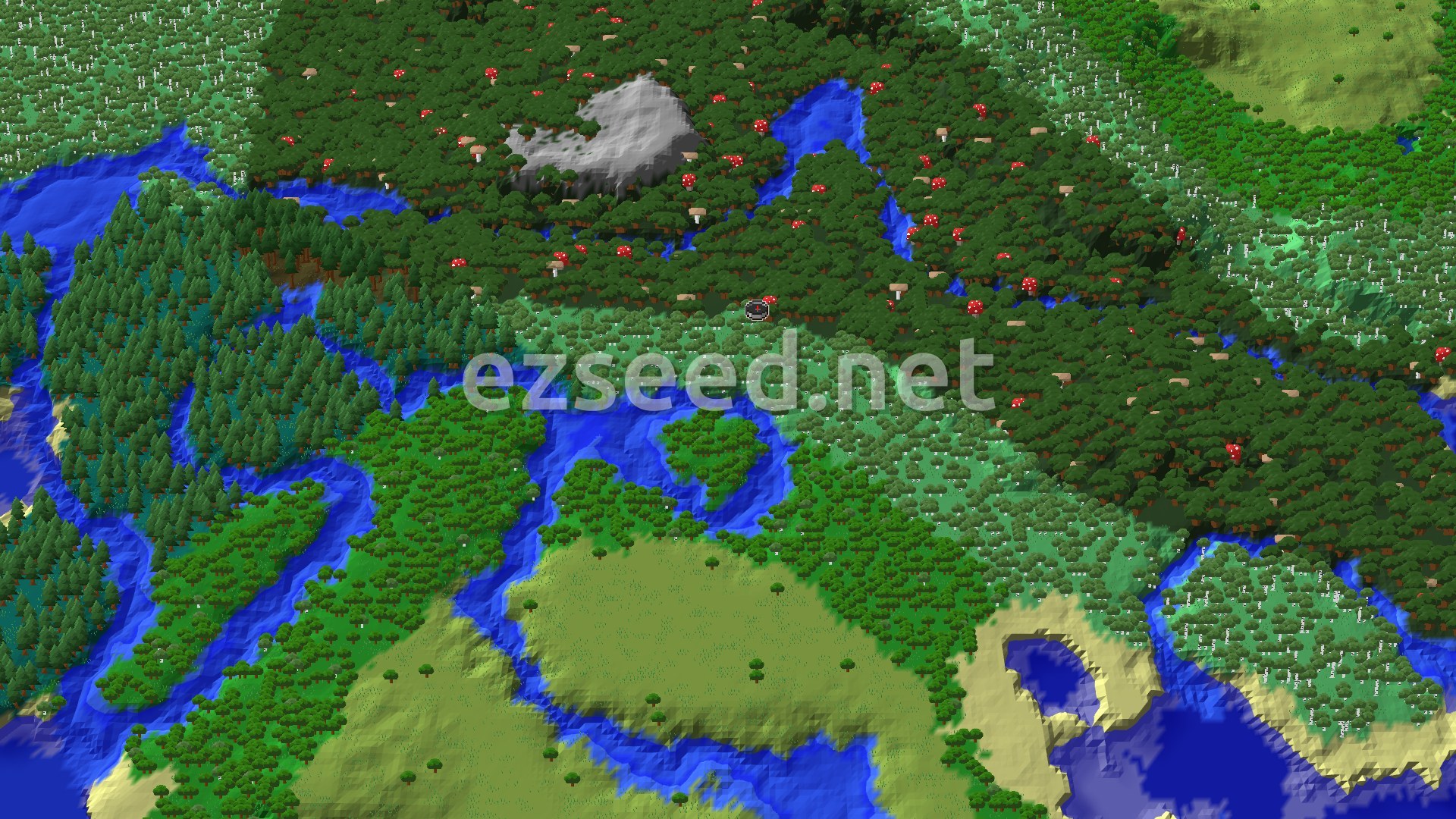 A 3D fly-over of dense dark forest with red mushrooms, pale birch woods, winding rivers, spruce stands to the west and open grassy hills to the south.