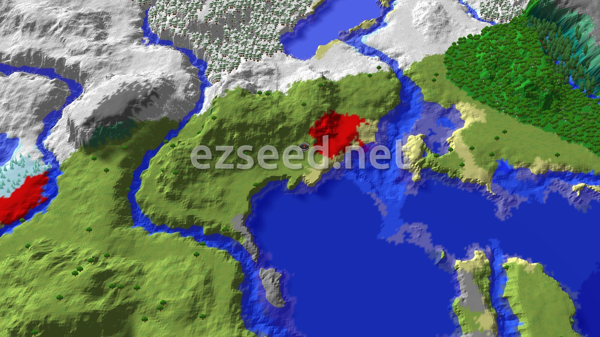 Aerial Minecraft seed map — Dappled Forest Beside a Cold Ocean Coast