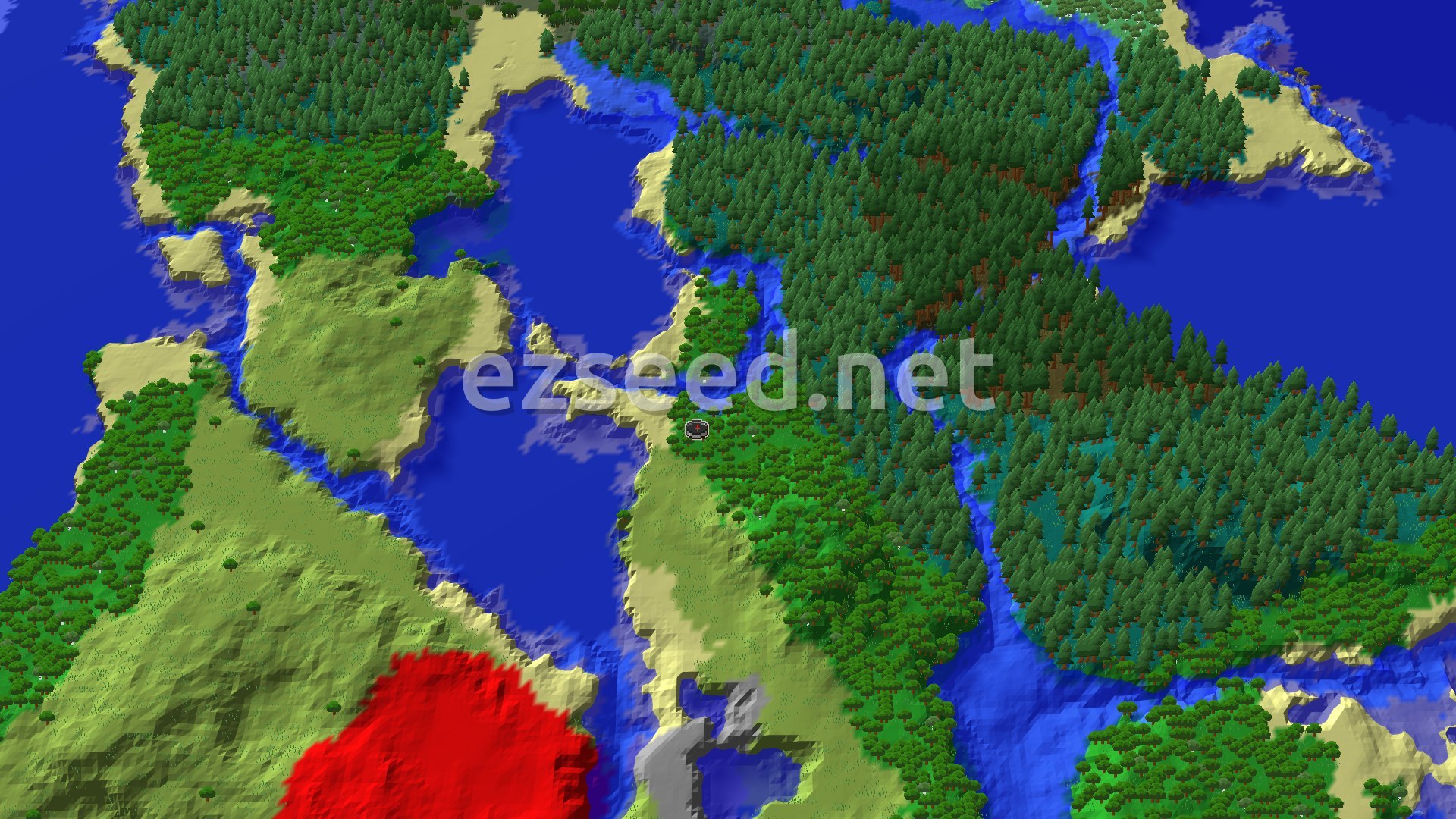A 3D fly-over of a forested spawn with a dark taiga stand to the east, pale sandy shores and bright blue lakes and channels cutting between the hills.