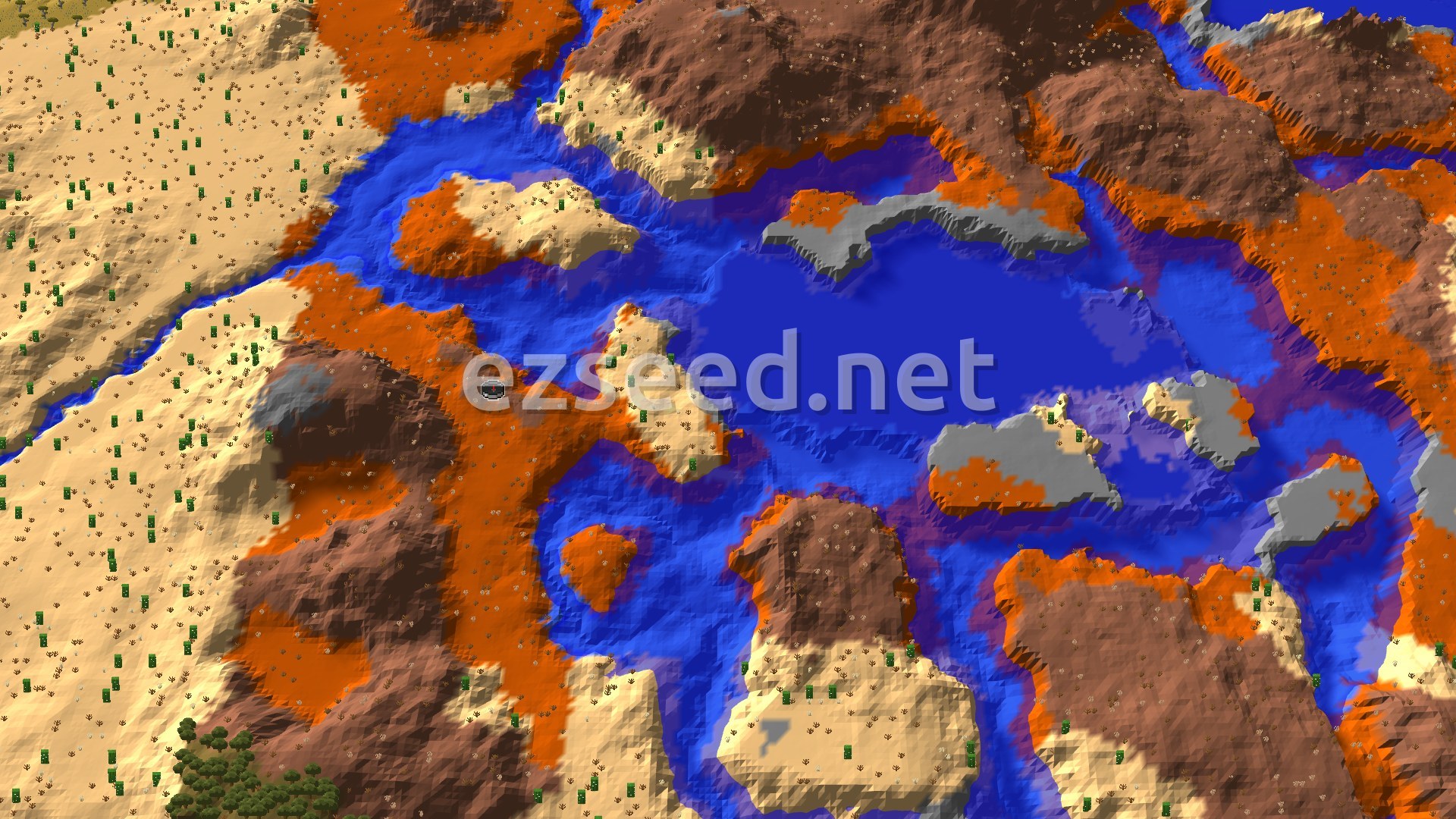 A fly-over of orange and brown badlands ringing a large blue lake, with pale desert sand and sparse cacti along the western edge.