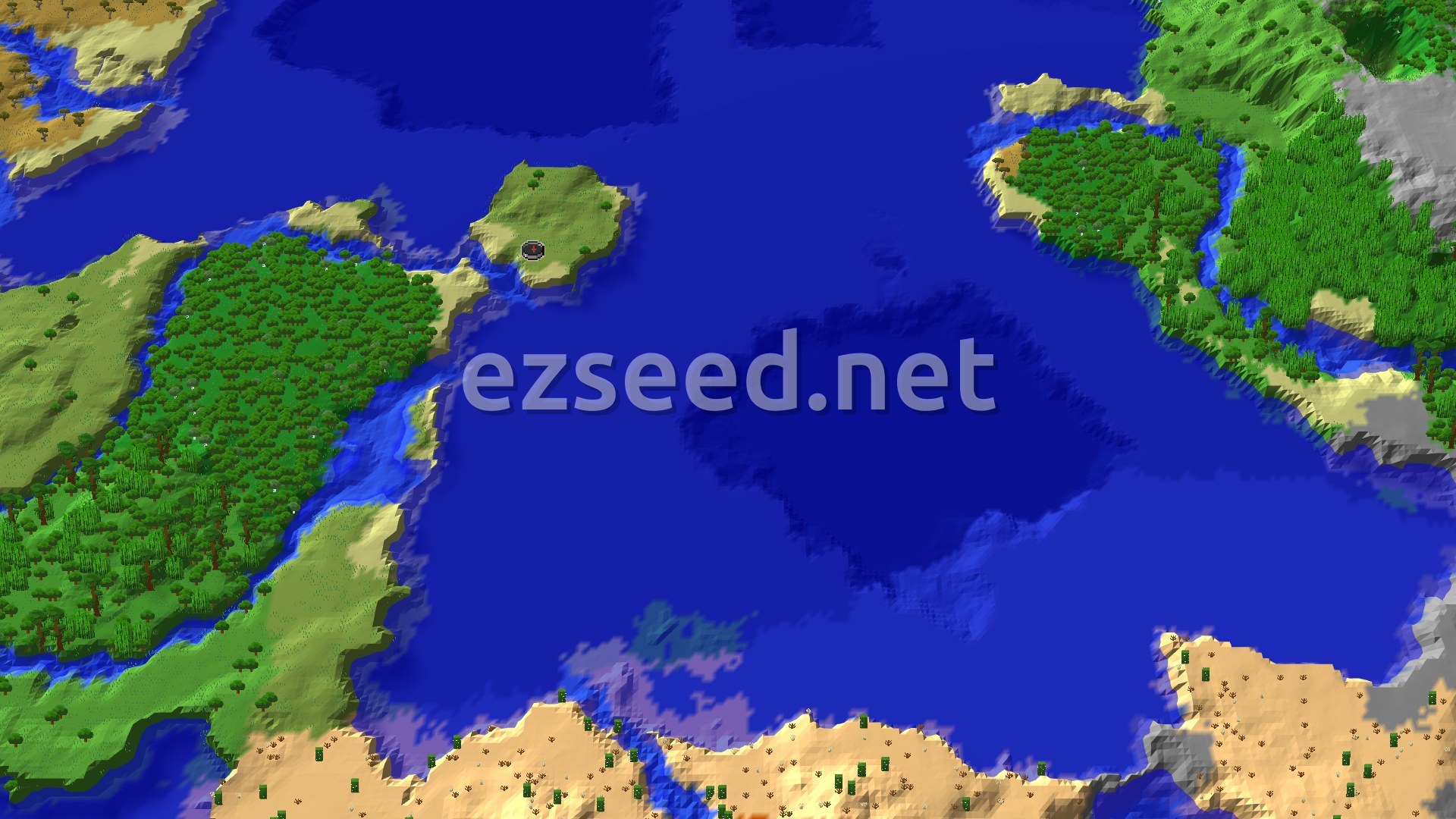 An aerial view of a small, green island with a dark shipwreck marker in the surrounding blue ocean.