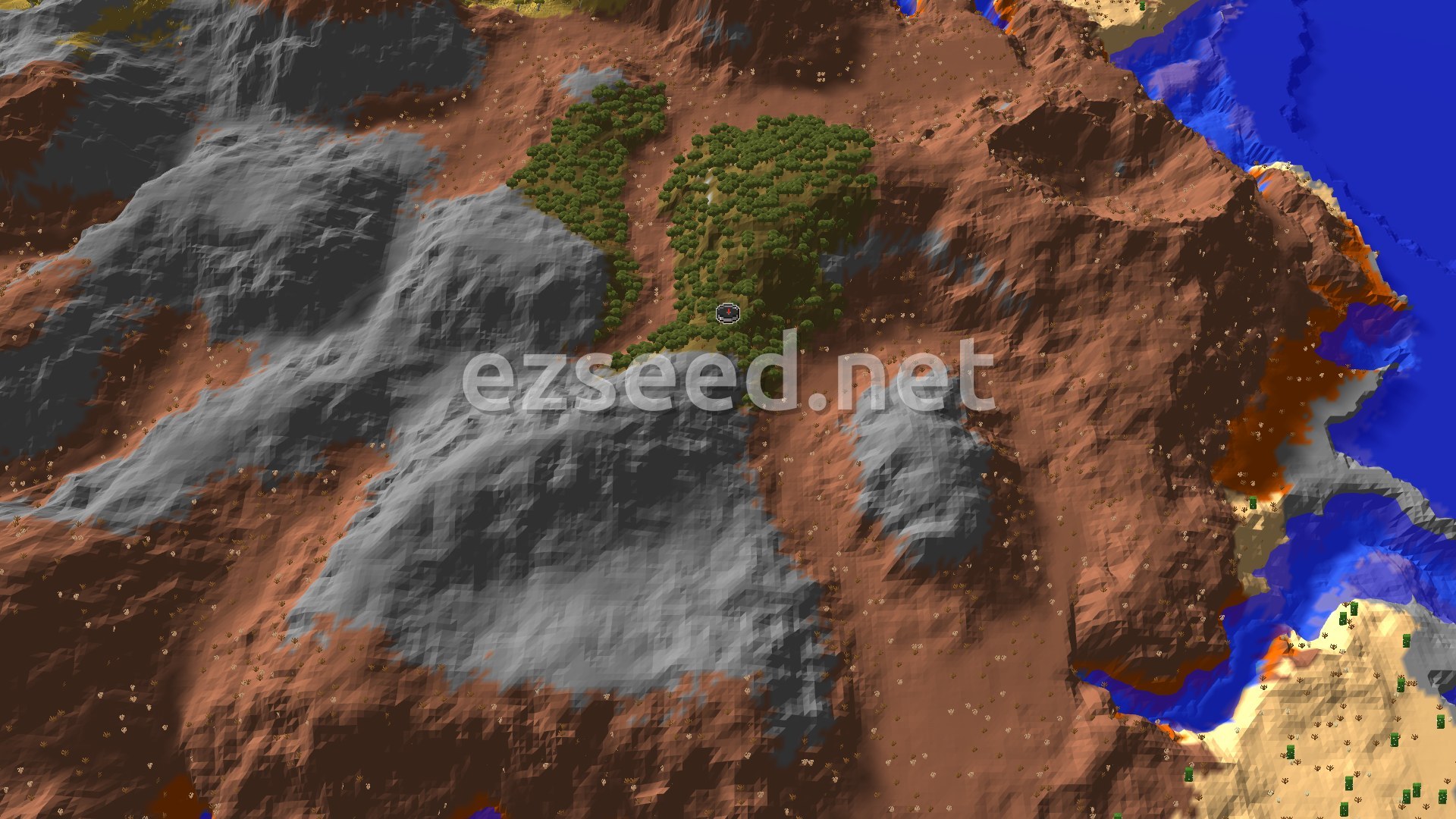 A patch of dark oak woodland sits on red badlands terraces with grey stone slopes, while warm blue ocean and a sandy desert shore run along the right edge.