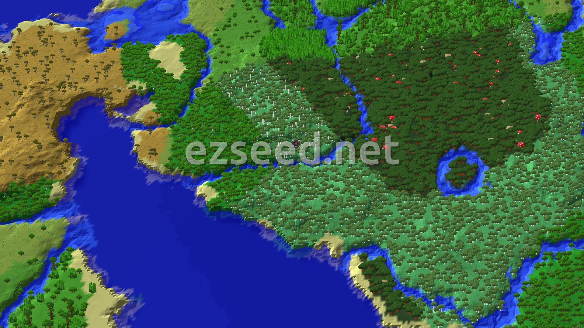 Pale birch canopy at the centre, a dark forest with red mushrooms to the east, a river, and a broad bay and savanna to the west.