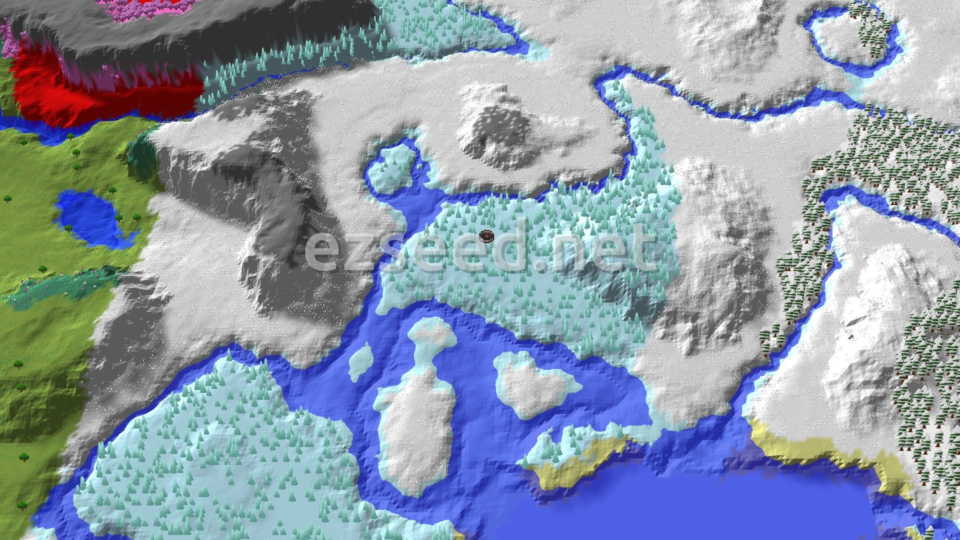 A snow-covered coastline of frozen bays, ice-blue spiked forest, white hills and small islands, with a green plains edge on the far left.