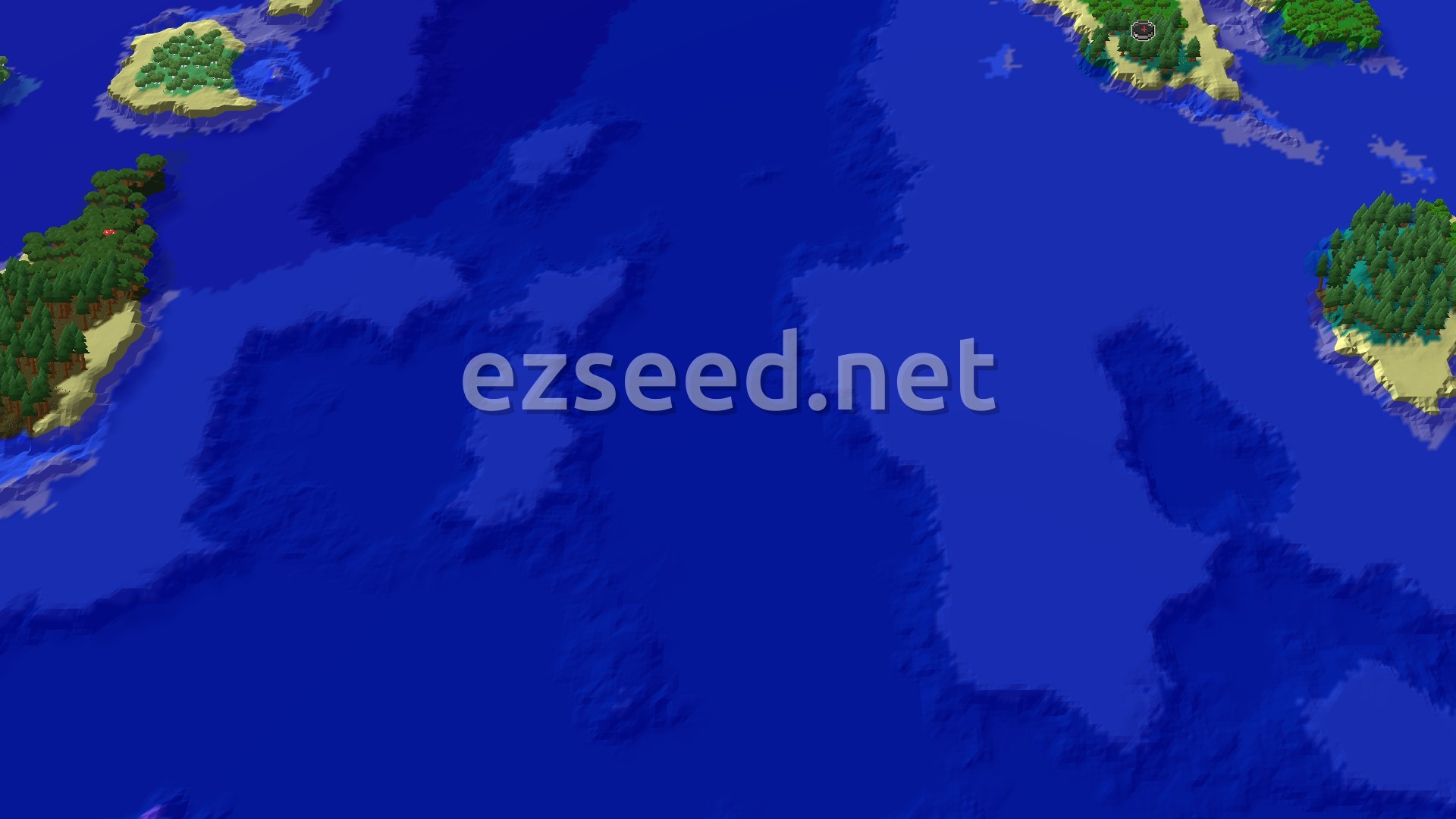 An aerial view shows a large island covered in dense Taiga forest, surrounded by vast blue ocean with visible underwater terrain. Smaller islands dot the distance.