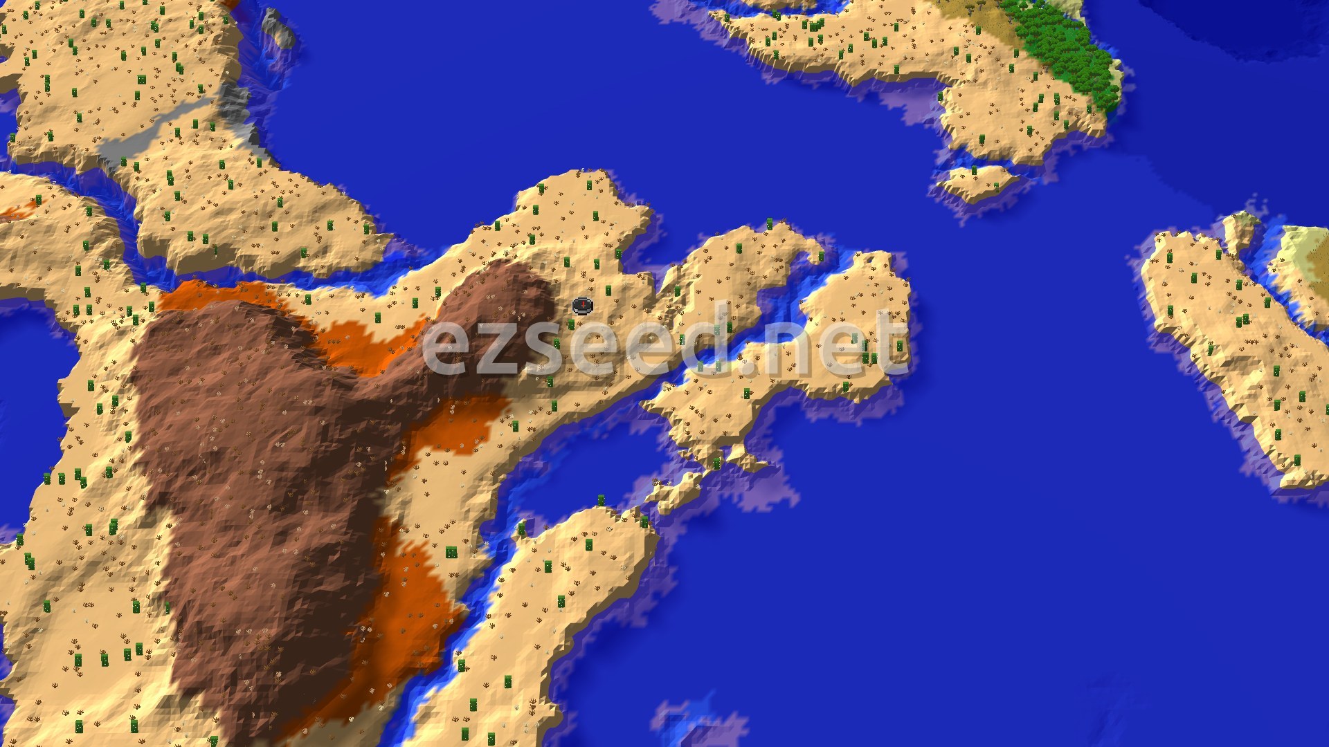 Sandy desert land dotted with cacti, a brown and orange eroded ridge on the left, and deep blue ocean wrapping the coastline.