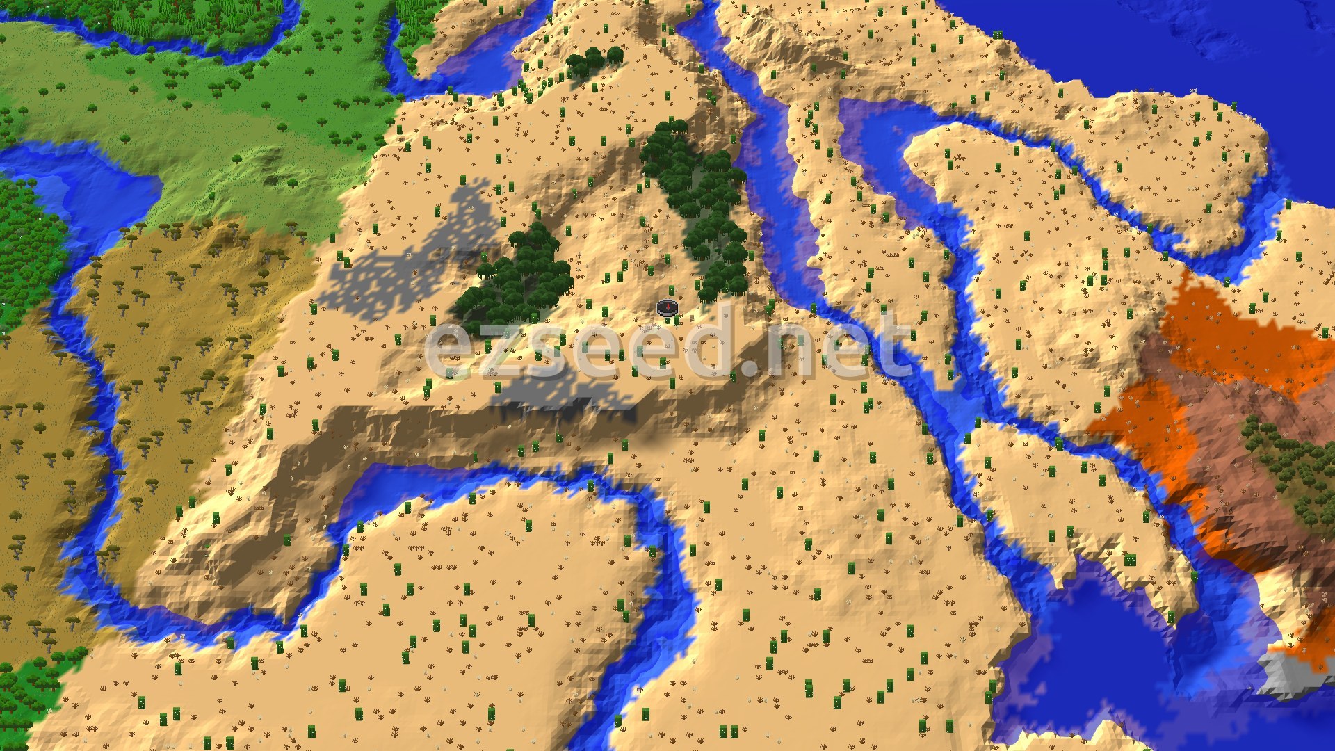 An aerial view of a mostly desert landscape with scattered cacti and a few small groups of trees. Rivers wind through the arid terrain, and a dark circular spawn marker sits in the center.