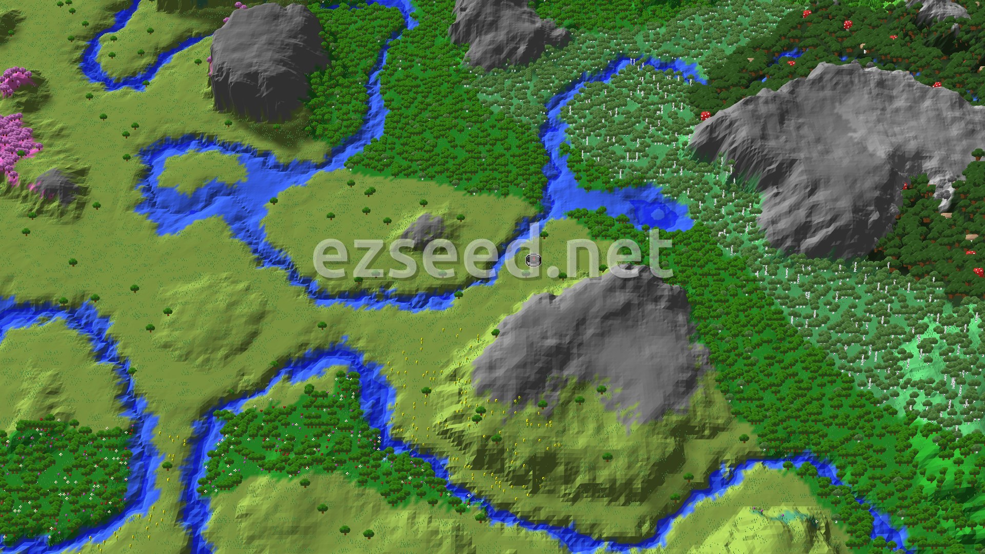A 3D isometric view of a Minecraft world showing green plains, winding rivers, and forests, with a small pink cherry grove to the left and grey mountains scattered throughout.