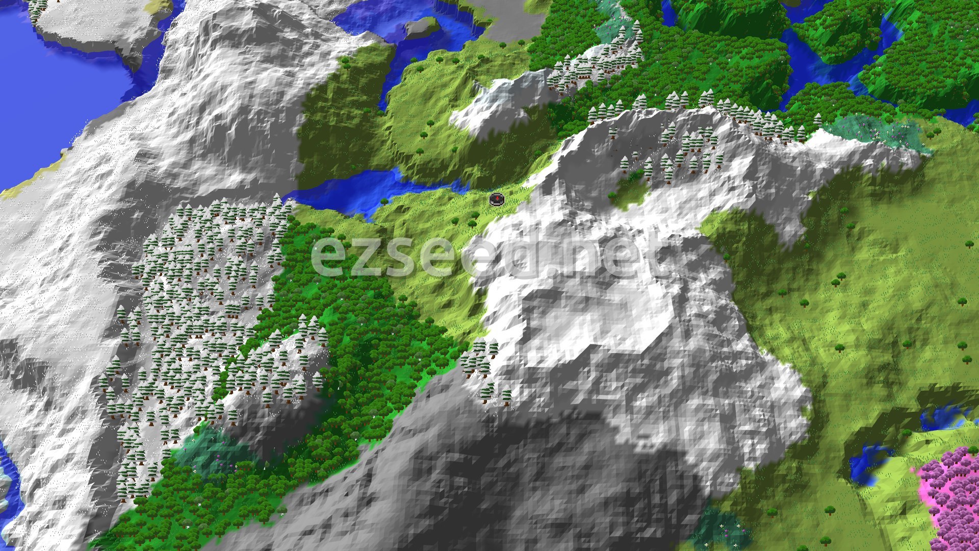 A grassy plains strip winds between white snow-covered peaks, dense green forest and a river, with a small spawn marker at the centre.