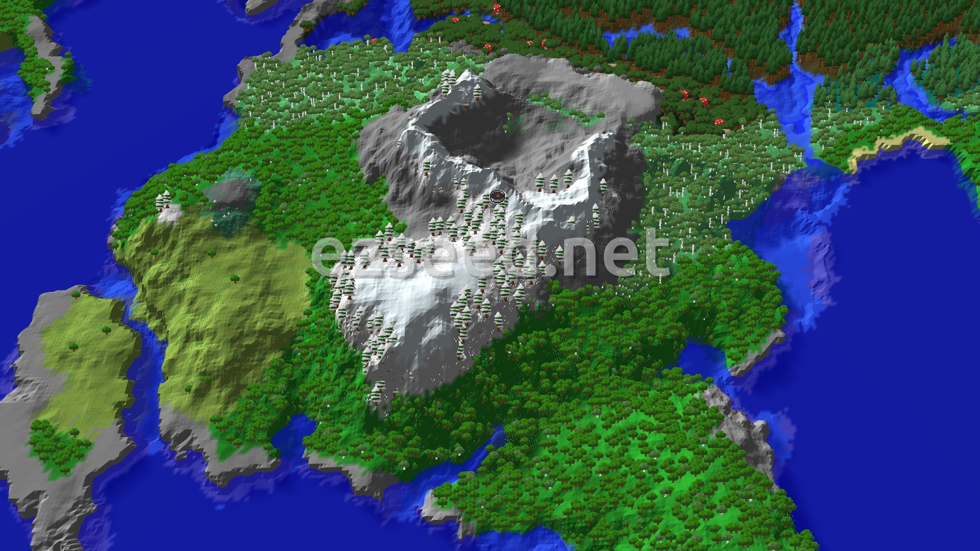 A snow-dusted grey mountain with a hollow crater sits in the middle of a forested island, ringed by deep blue water and birch and oak woods.