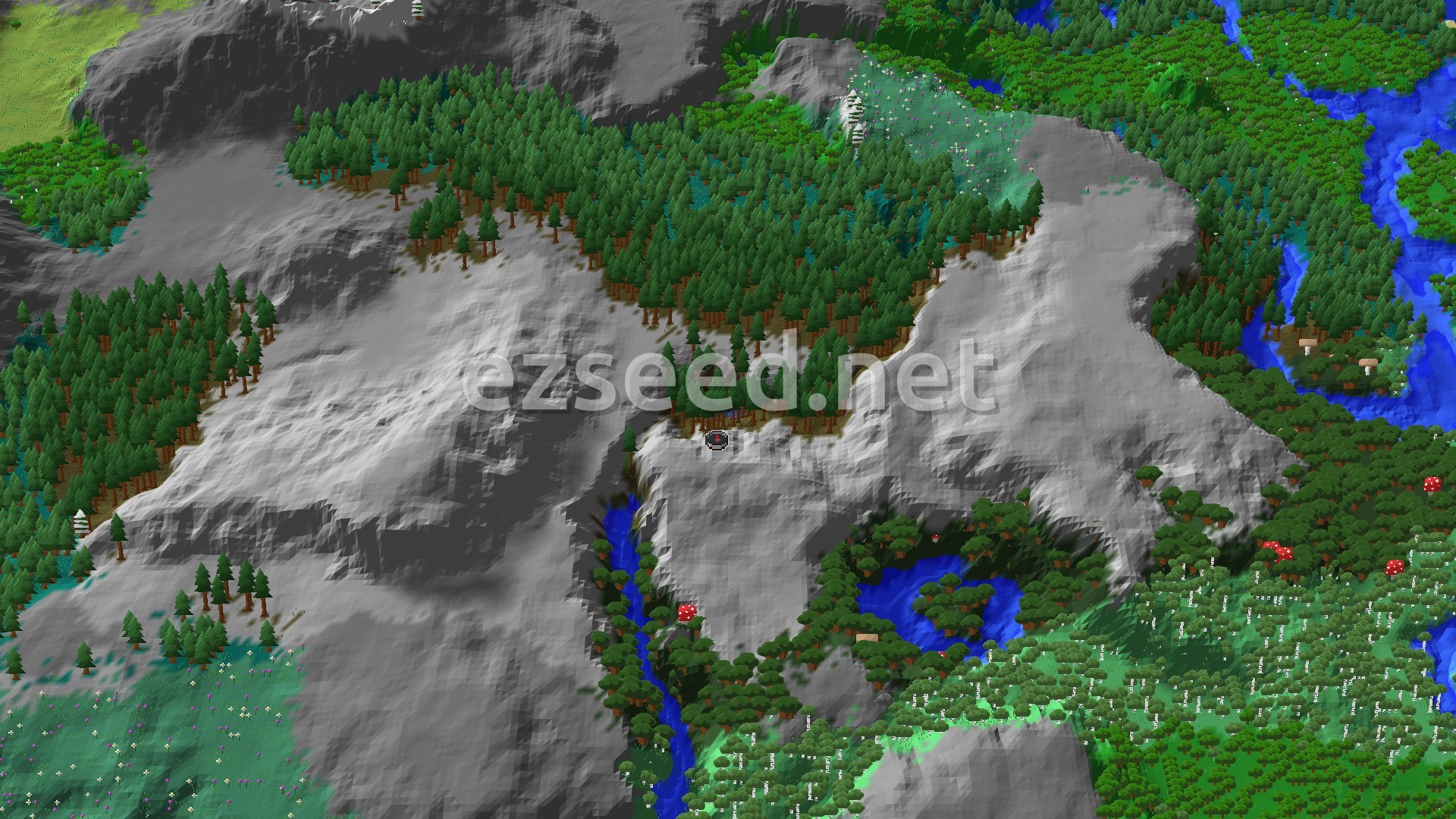 Aerial Minecraft seed map — Pale Garden and Ancient City Horror Seed Beside a Pine Taiga