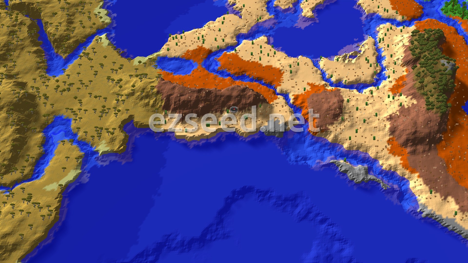 A sandy desert coast cut by warm-ocean inlets, with orange badlands bands, brown hills, savanna to the west and a jungle patch in the far corner.