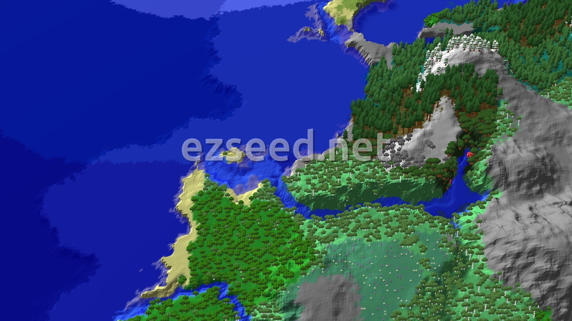 A bird's-eye view of a varied landscape, featuring a large expanse of deep blue ocean, sandy beaches, lush green forests, a winding river, and a snow-capped mountain range.