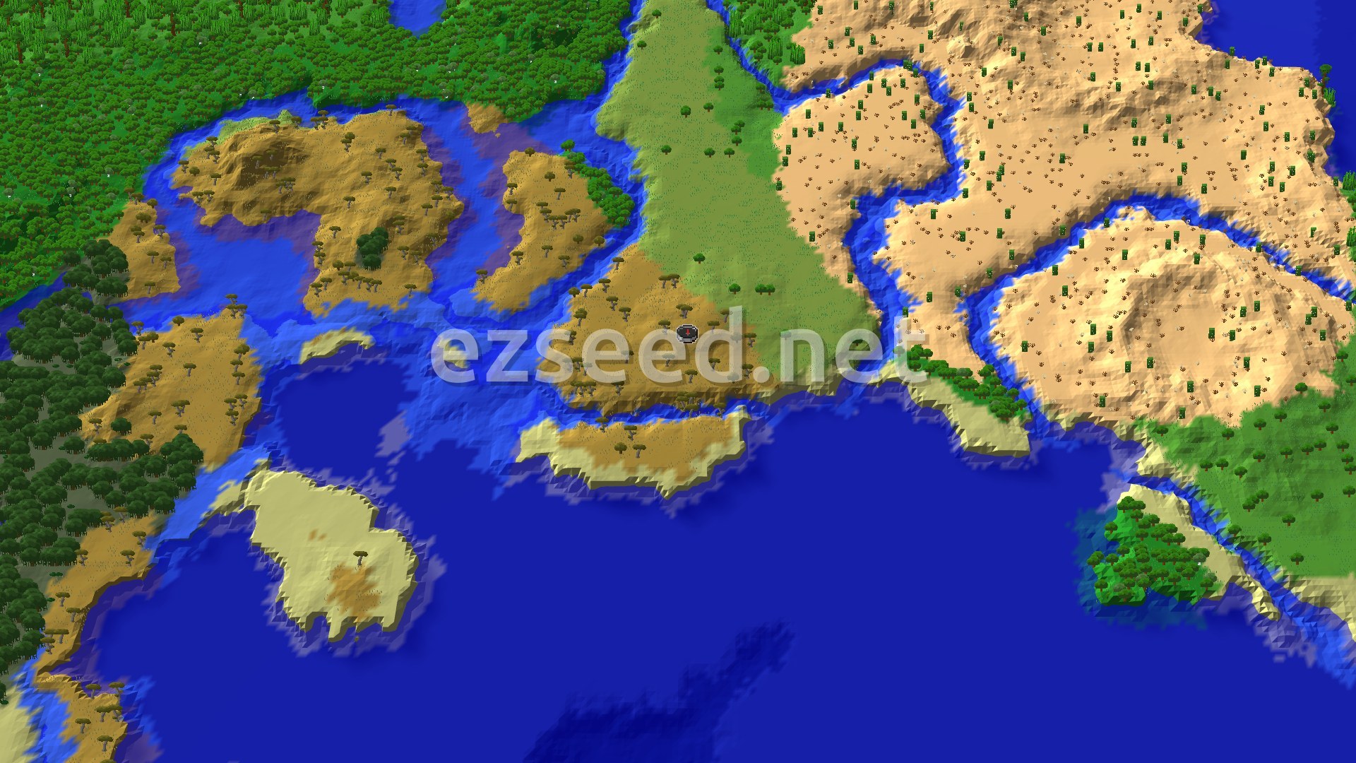 A 3D fly-over of a savanna headland on a bay, with plains to the north, river-cut desert to the east and dense jungle across the water to the west.