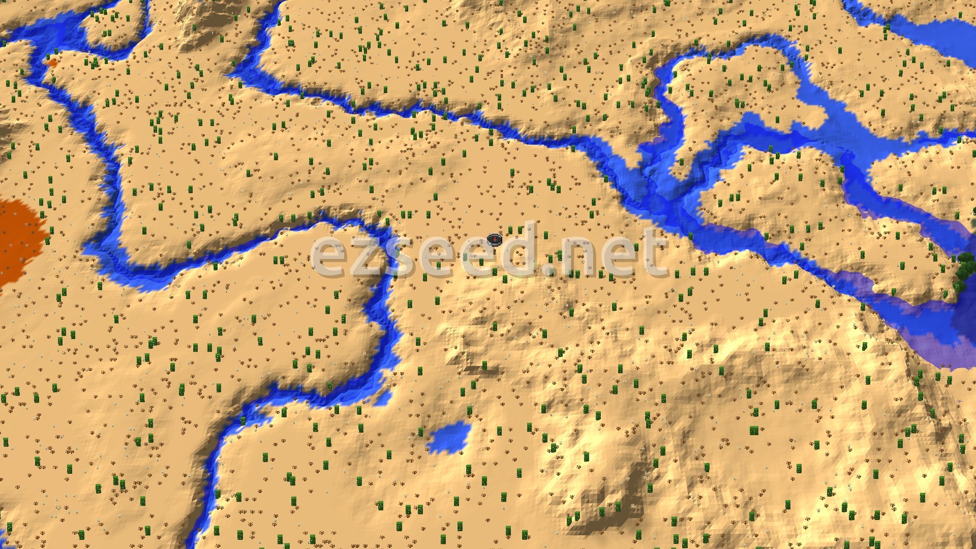 A fly-over of sandy desert dotted with cacti and dead bushes, cut by winding blue river channels, with a patch of red badlands at the left edge.