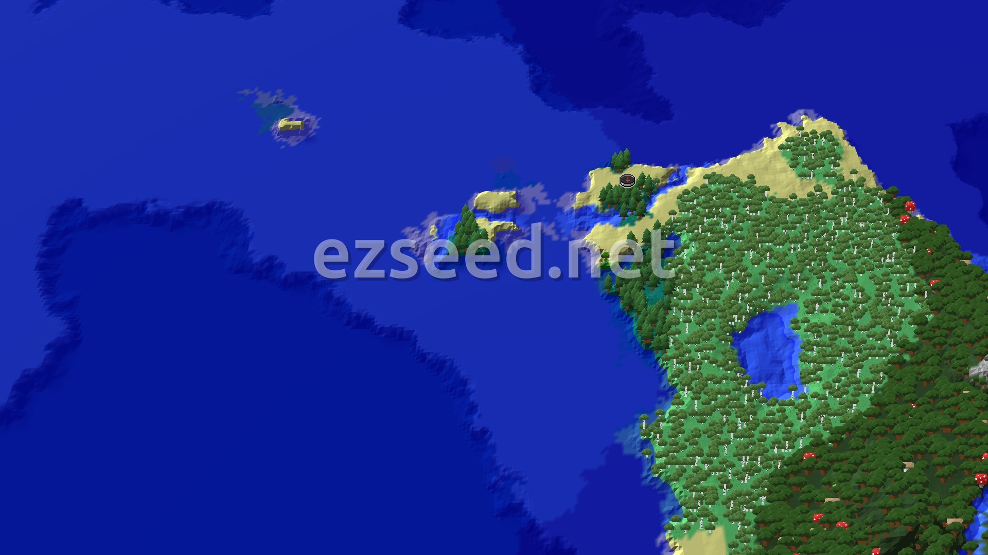 A sandy beach with a few spruce trees at the water's edge, with dense birch and dark oak forest and a small pond spreading across the island to the right, and deep blue ocean everywhere else.