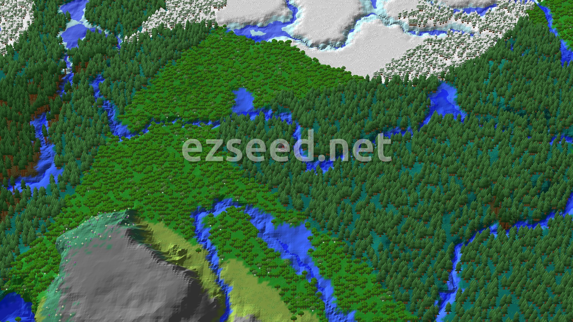 A dense taiga forest covers rolling hills, cut through by winding blue rivers. Snow-capped mountains rise in the distance, and a small spawn marker sits near the center.
