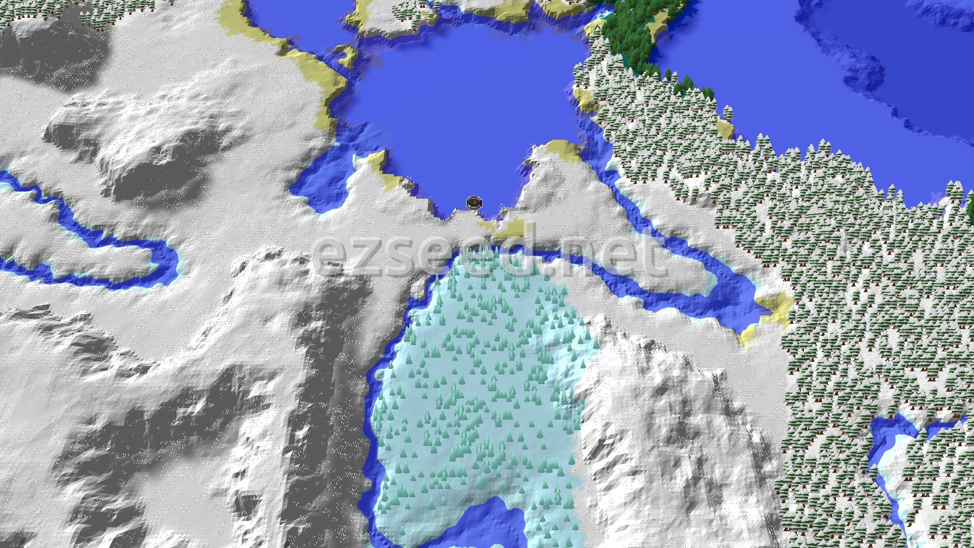 A snowy shoreline curves around a frozen bay, with snow-dusted spruce forest to the east and a patch of ice-blue trees to the south.