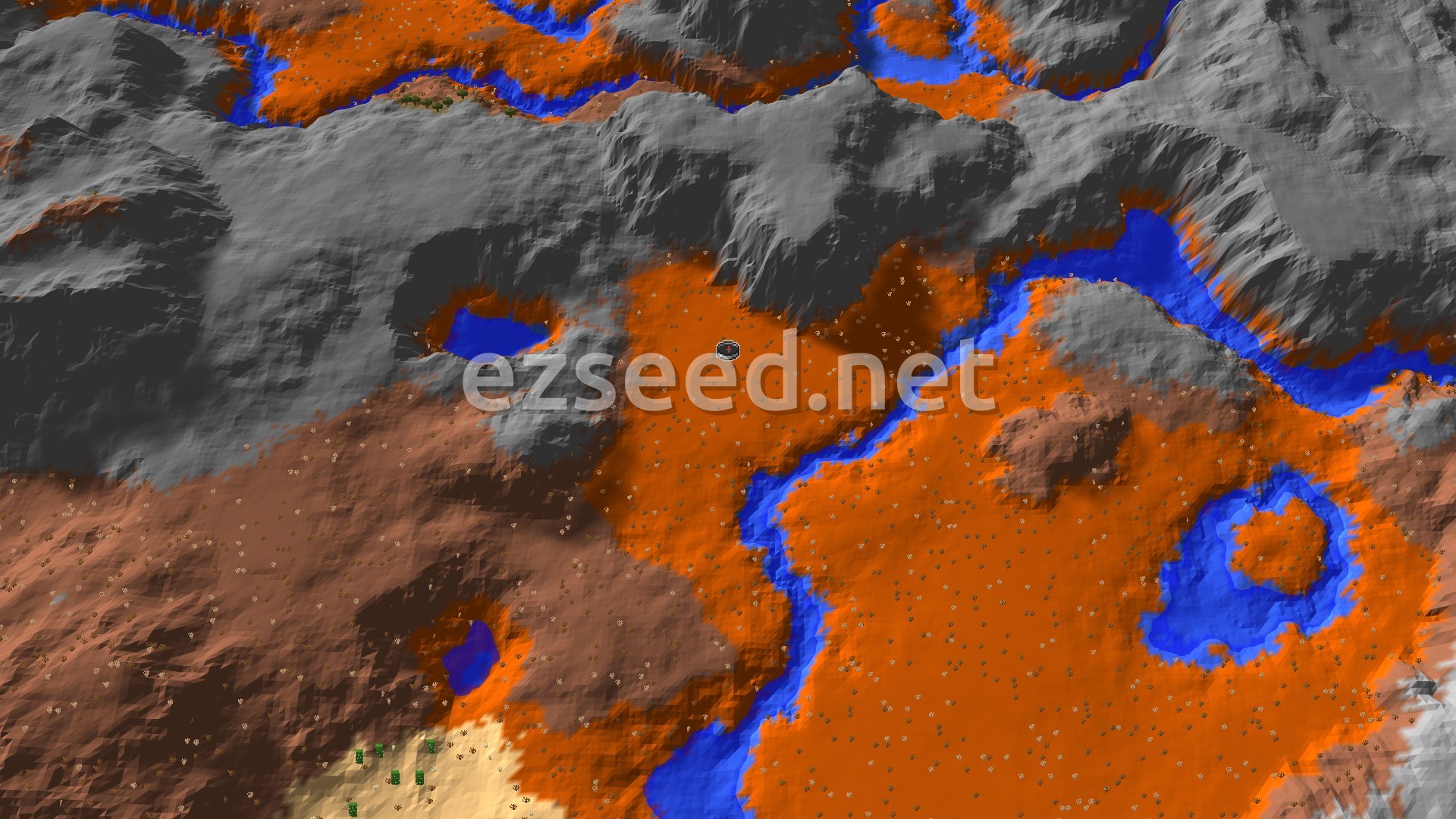 A bright orange Badlands basin cut by blue river channels and small pools, enclosed by grey rocky ridges, with a patch of desert sand and cacti in the lower corner.