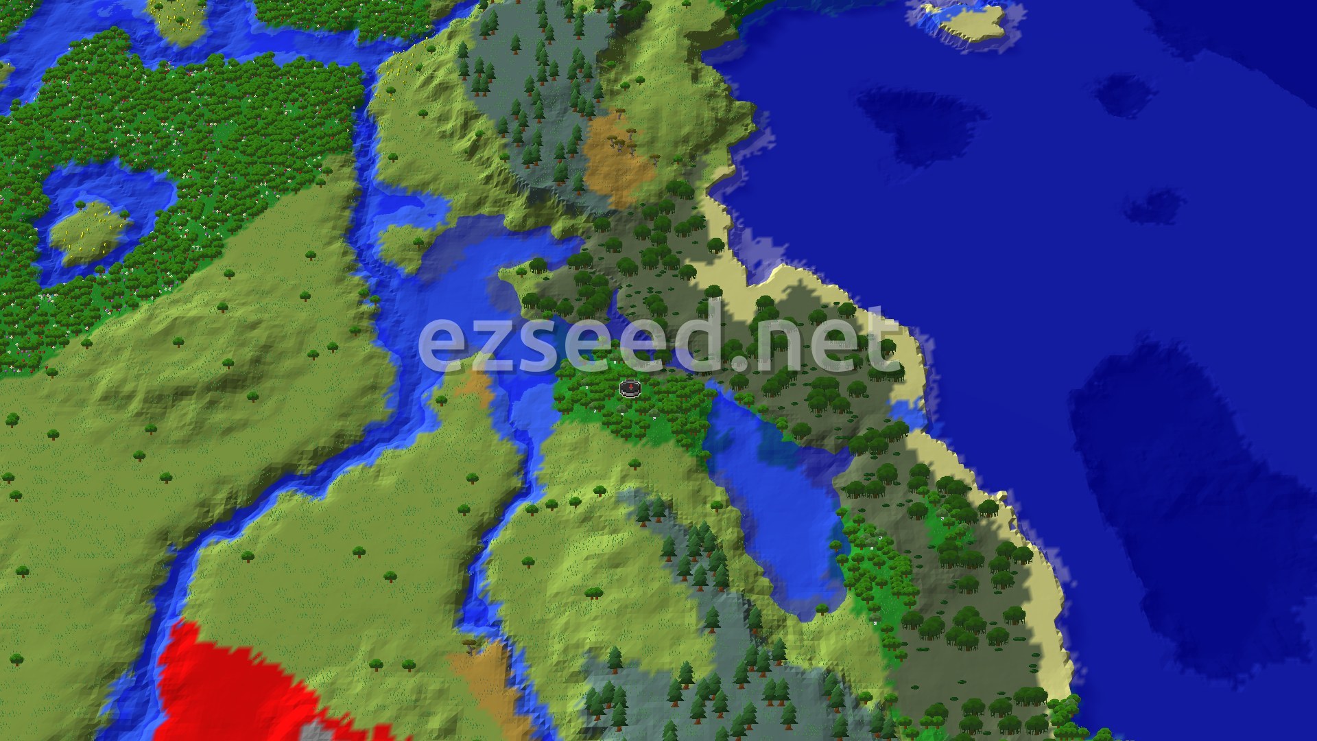 An overhead view of a diverse landscape featuring a mix of forests, open plains, and a winding river system leading to a large ocean on the right. Hills rise in the distance, and the spawn marker sits in a patch of trees.