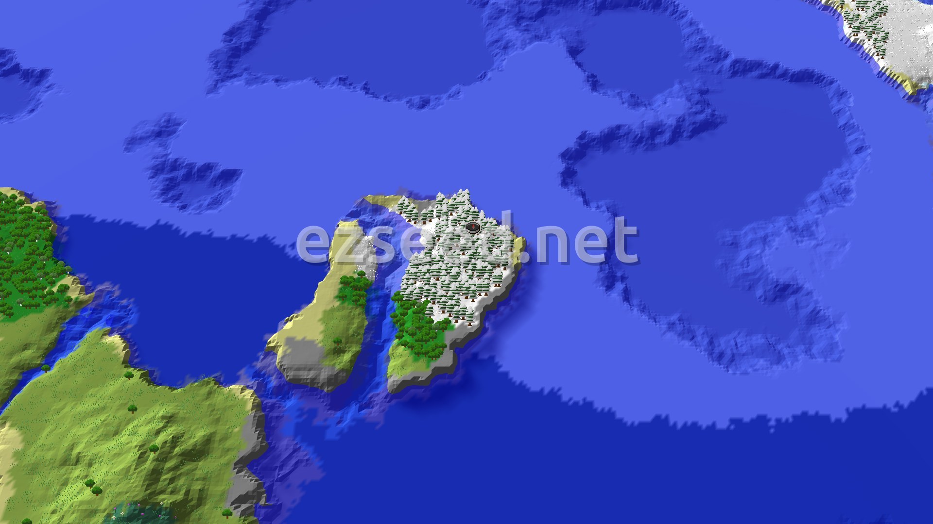 Aerial Minecraft seed map — Snowy Taiga Island with a Nether Fortress Portal