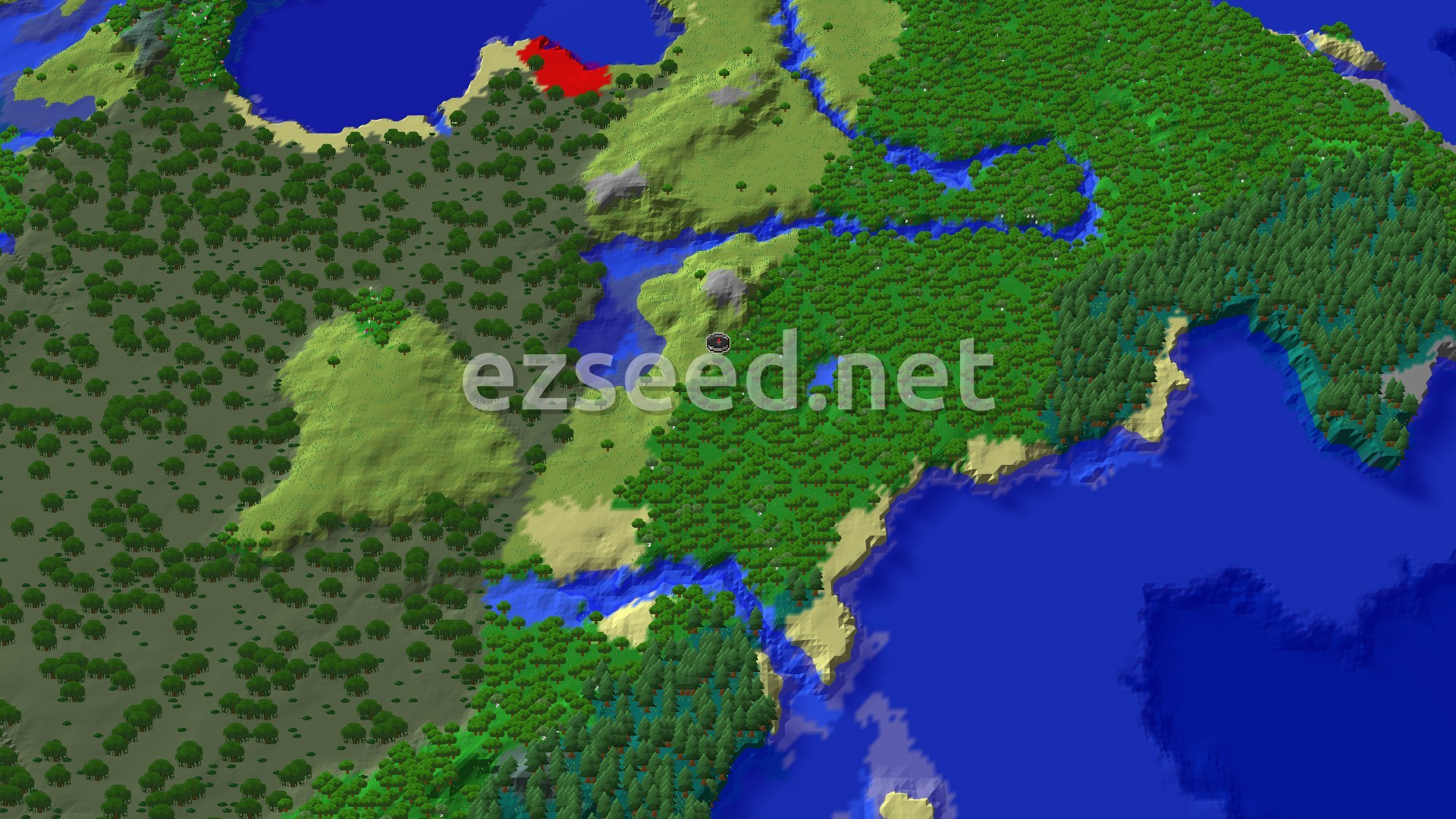 A 3D fly-over of dense green forest and pale plains meeting a deep blue cold ocean, with a river and a swamp of scattered trees to the west.
