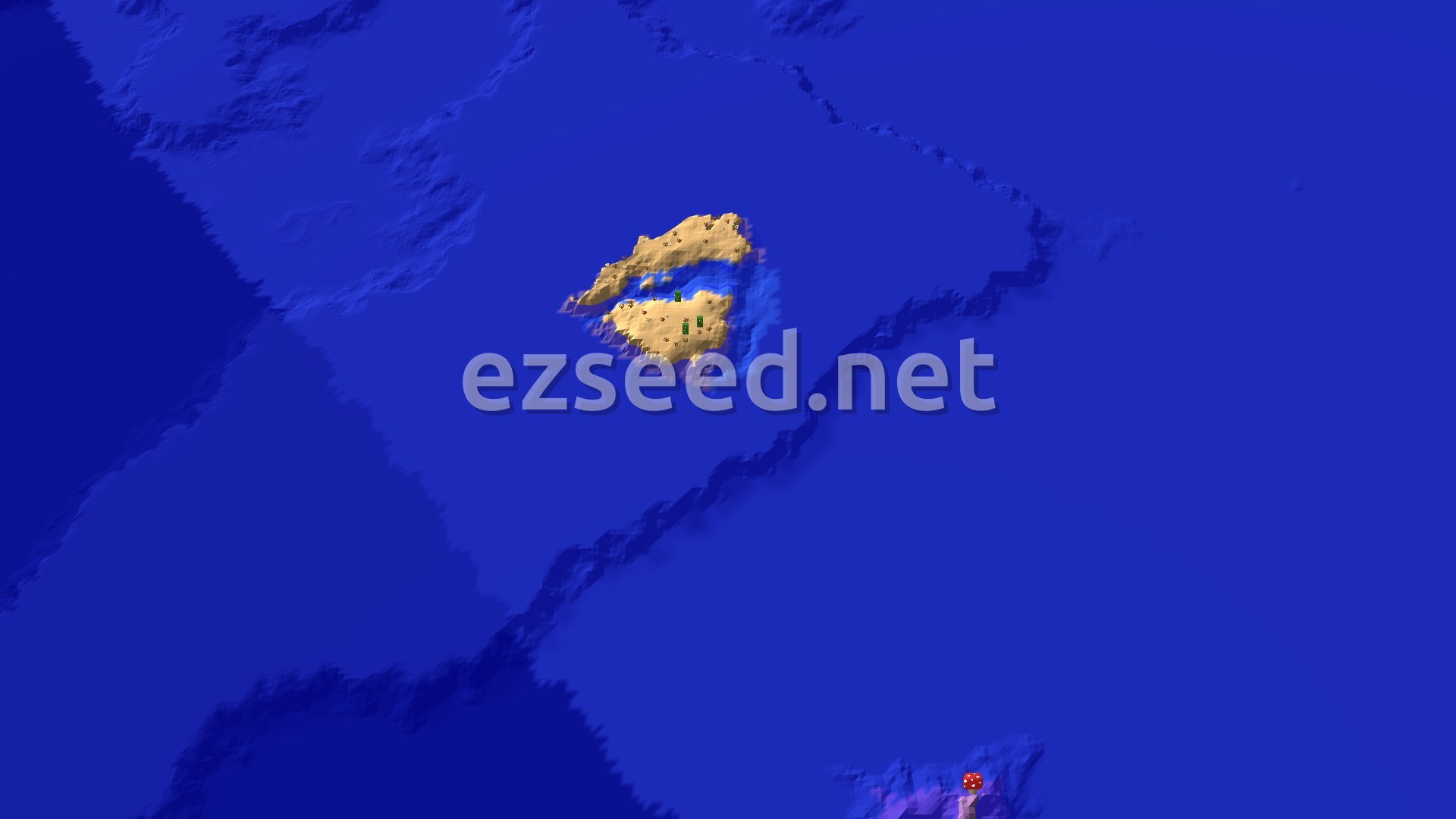 A small sand-coloured landmass with a few cacti and a narrow inlet sits alone in a wide stretch of deep blue ocean.
