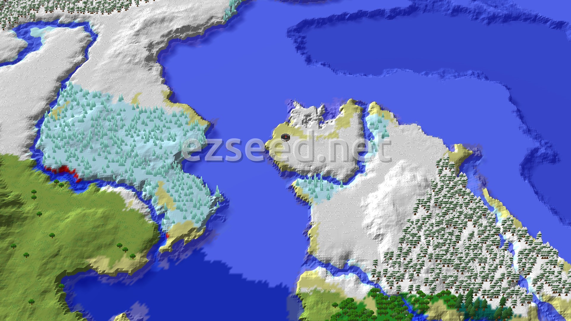 Aerial Minecraft seed map — Ice Spikes Snowy Plains Spawn Beside Frozen Ocean