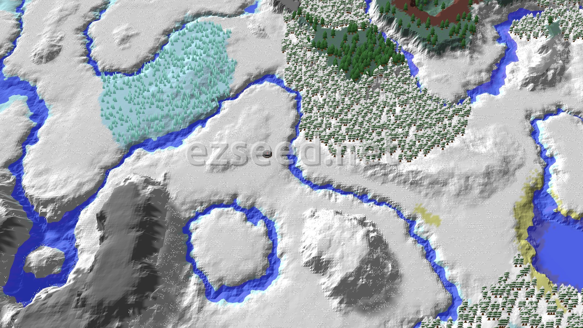 A snow-covered plain cut by blue frozen rivers, with a pale frosted tree patch to the northwest and dark snowy taiga to the northeast.