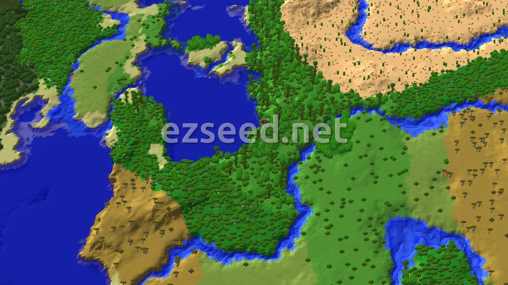 A fly-over of dense jungle canopy and bamboo curving around a deep blue bay, with desert dunes to the north-east and open savanna and plains to the south-east.