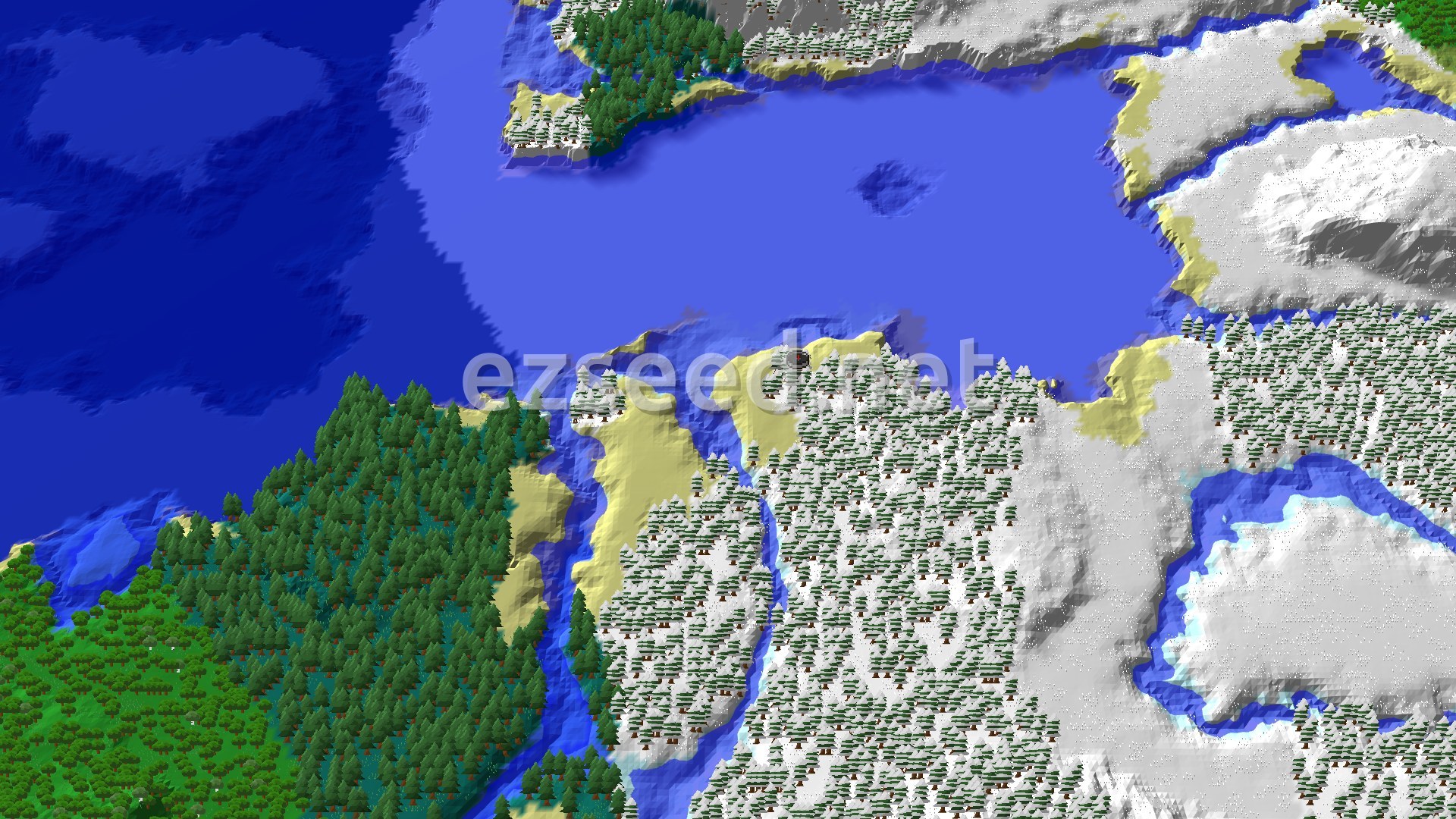 A snowy taiga shoreline with pale sand strips beside a wide frozen bay, a green spruce forest to the west and white open plains to the east.