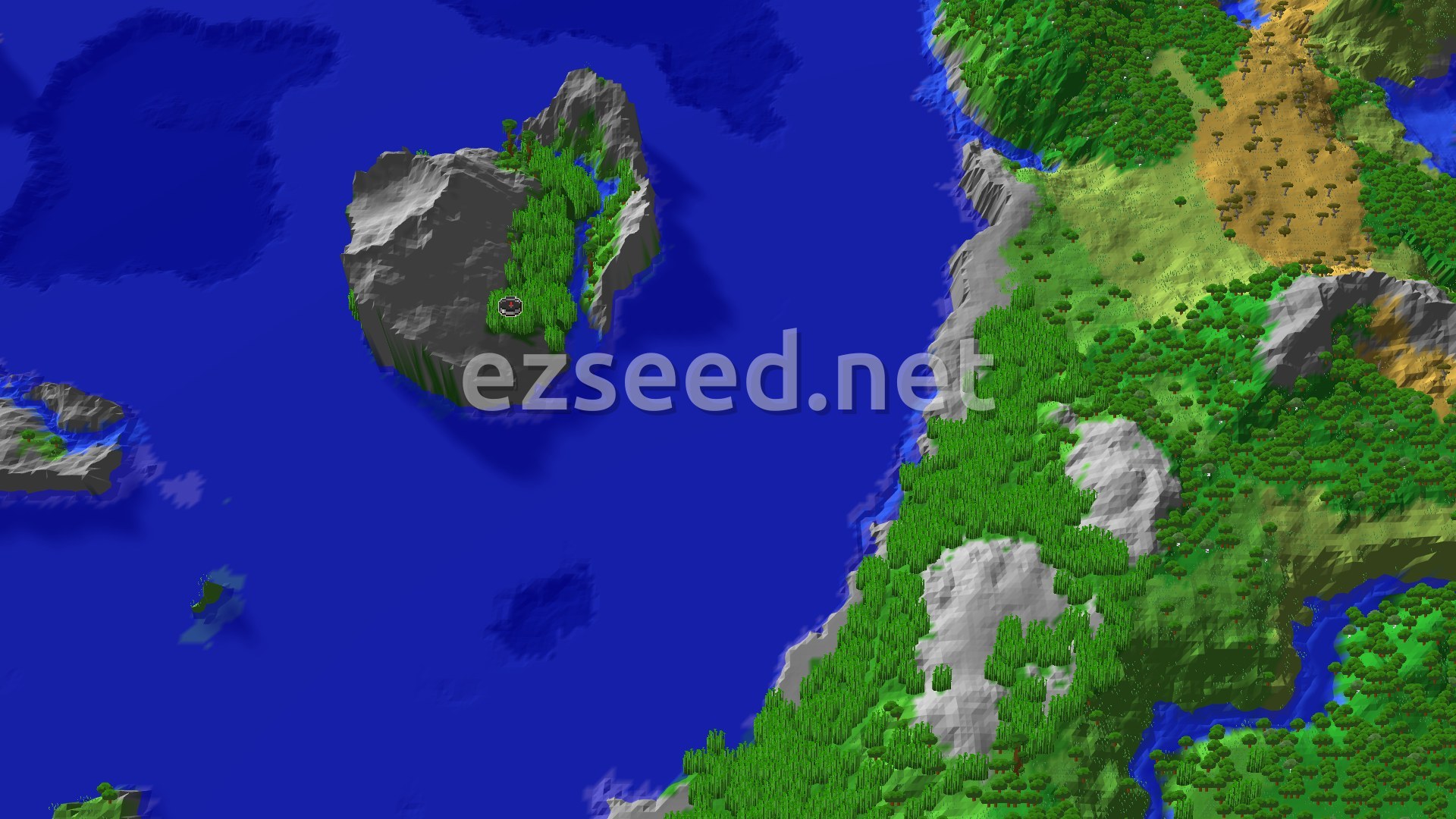 Aerial Minecraft seed map — Bamboo Jungle Island With Stony Peaks and Buried Treasure