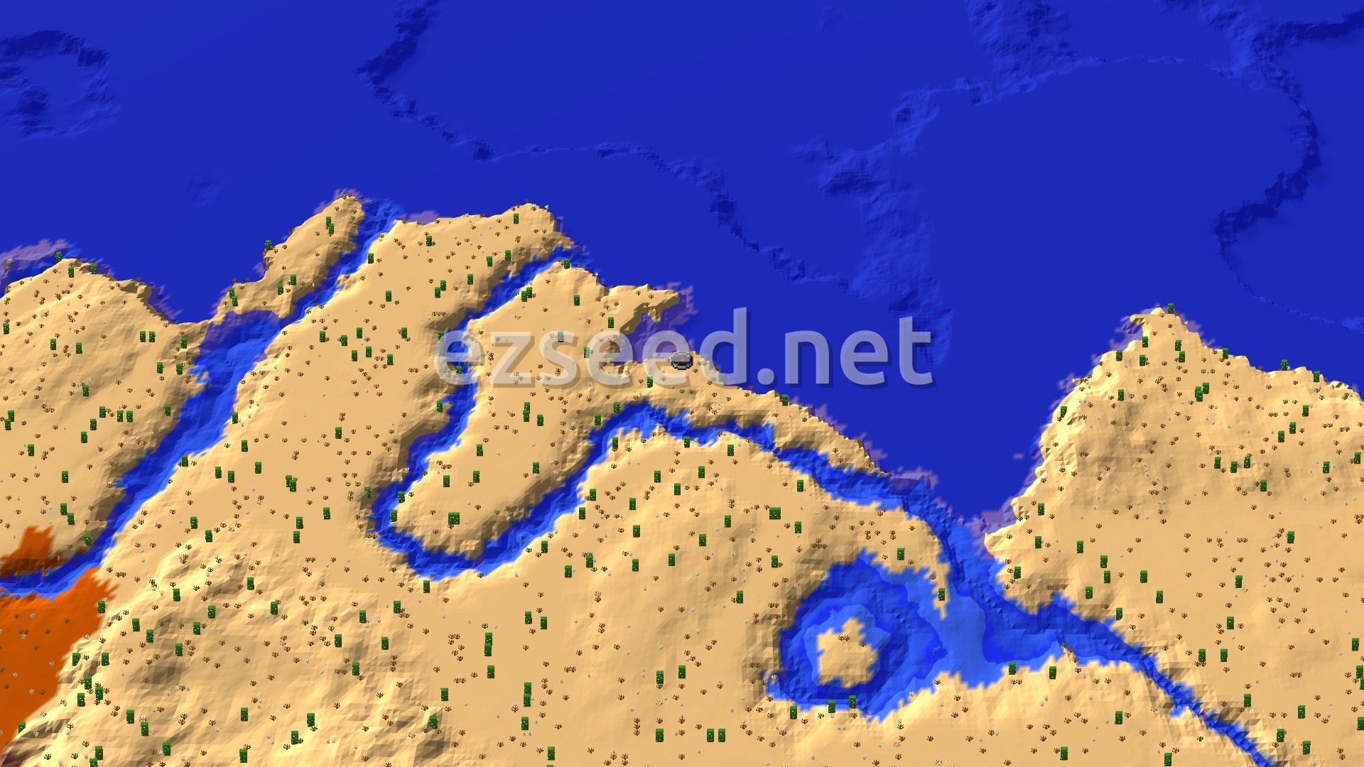 Sand-colored desert ridges with scattered cacti and dead bushes, split by narrow river channels and bordered by deep blue ocean to the north.