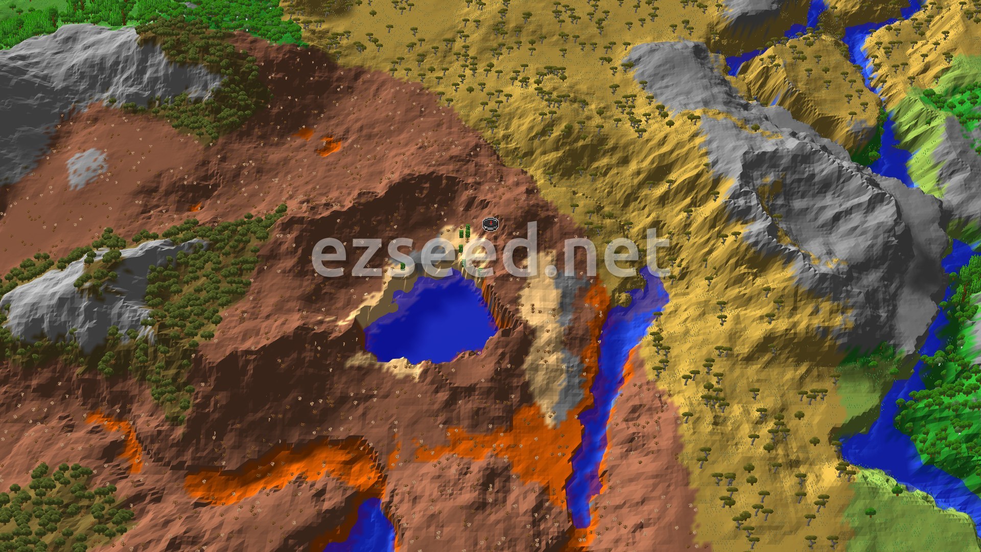Aerial view of rust-red badlands hills around a small blue lake, with golden savanna to the east, grey stone ridges and a river valley running down the right side.