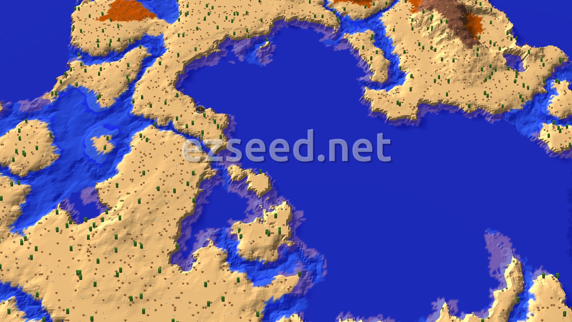 A sandy desert peninsula dotted with cacti and dead bushes curves around a large warm ocean bay, with orange badlands terraces at the top edge.