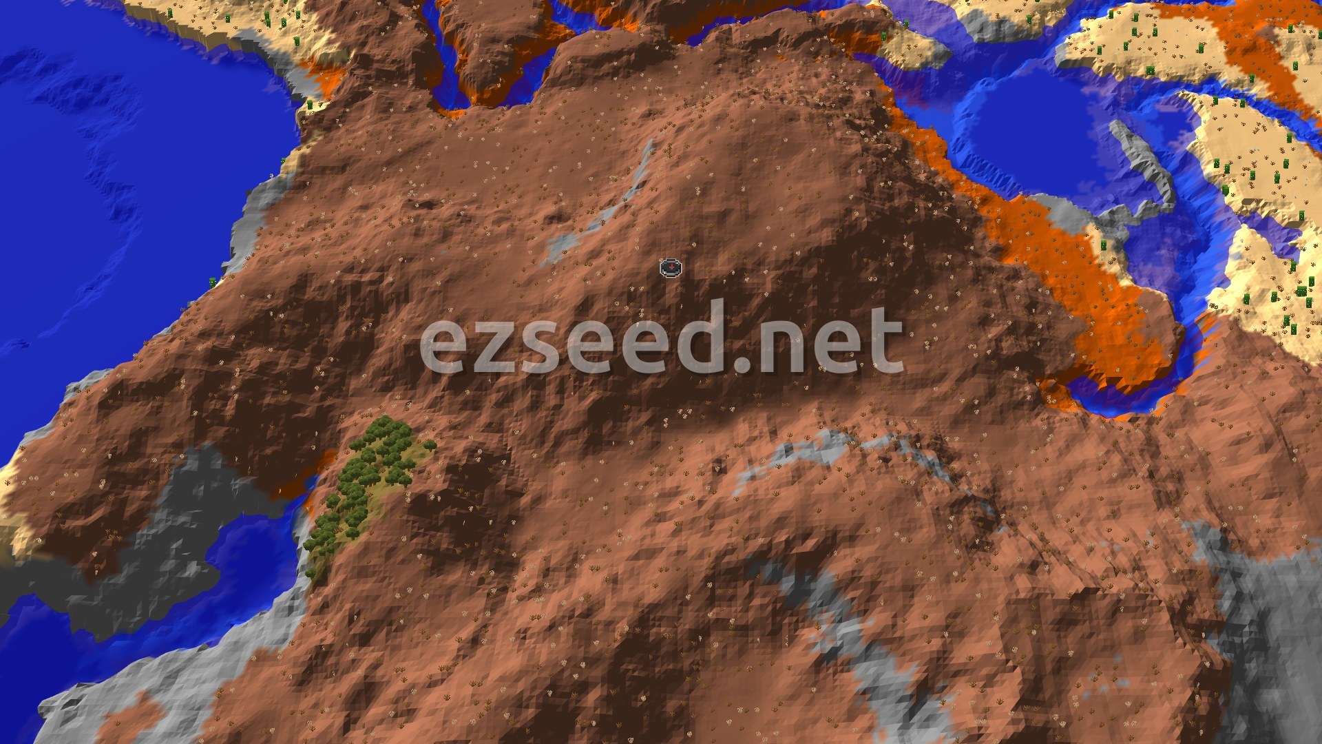 A broad, rugged red-brown badlands plateau with orange terracotta bands, a small oak grove on the western slope, blue water on both sides and pale desert sand in the upper right.