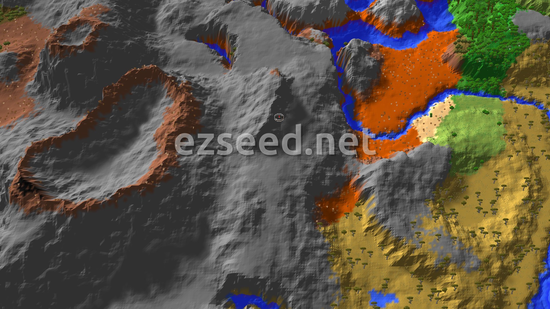 A fly-over of grey stone and rust-coloured badlands ridges at spawn, with orange terraces, a river and savanna plains with scattered flat-topped trees to the east.