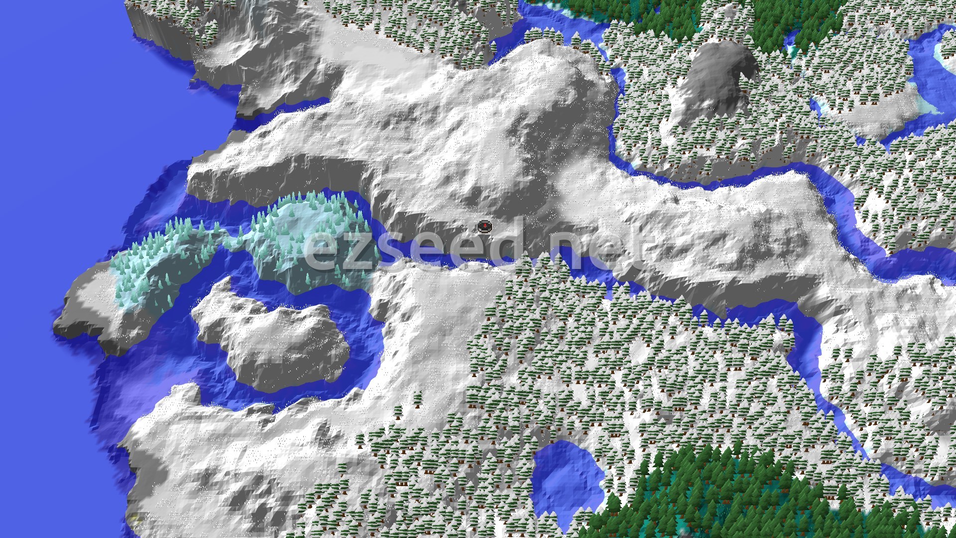 A snow-covered plateau threaded by frozen rivers, with snowy spruce forest to the east and south and open frozen ocean along the western edge.