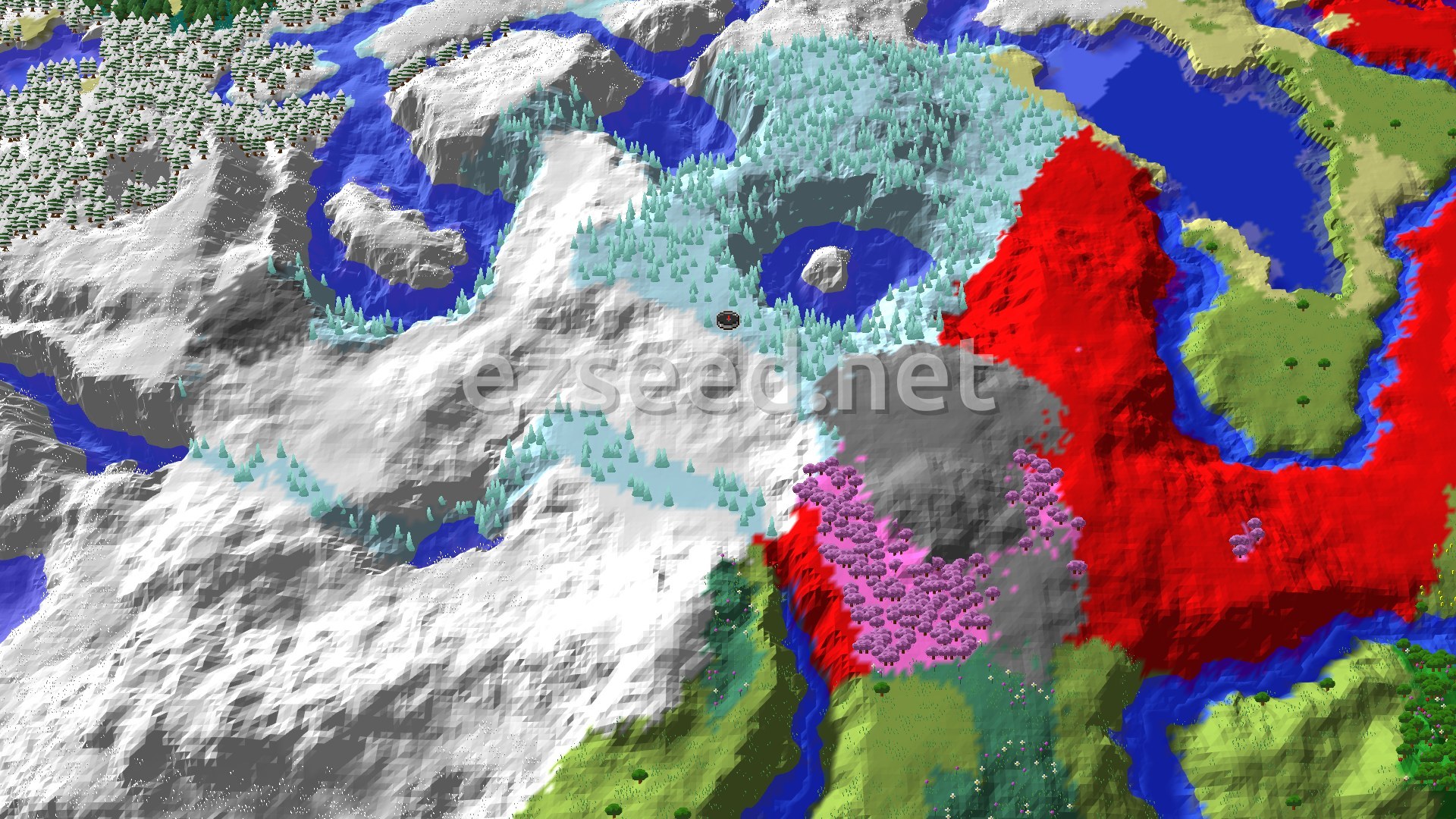 A snow-covered mountain slope with frozen rivers and pale spiky pines, a pink cherry grove and green meadows to the south, and red-highlighted ridges to the east.