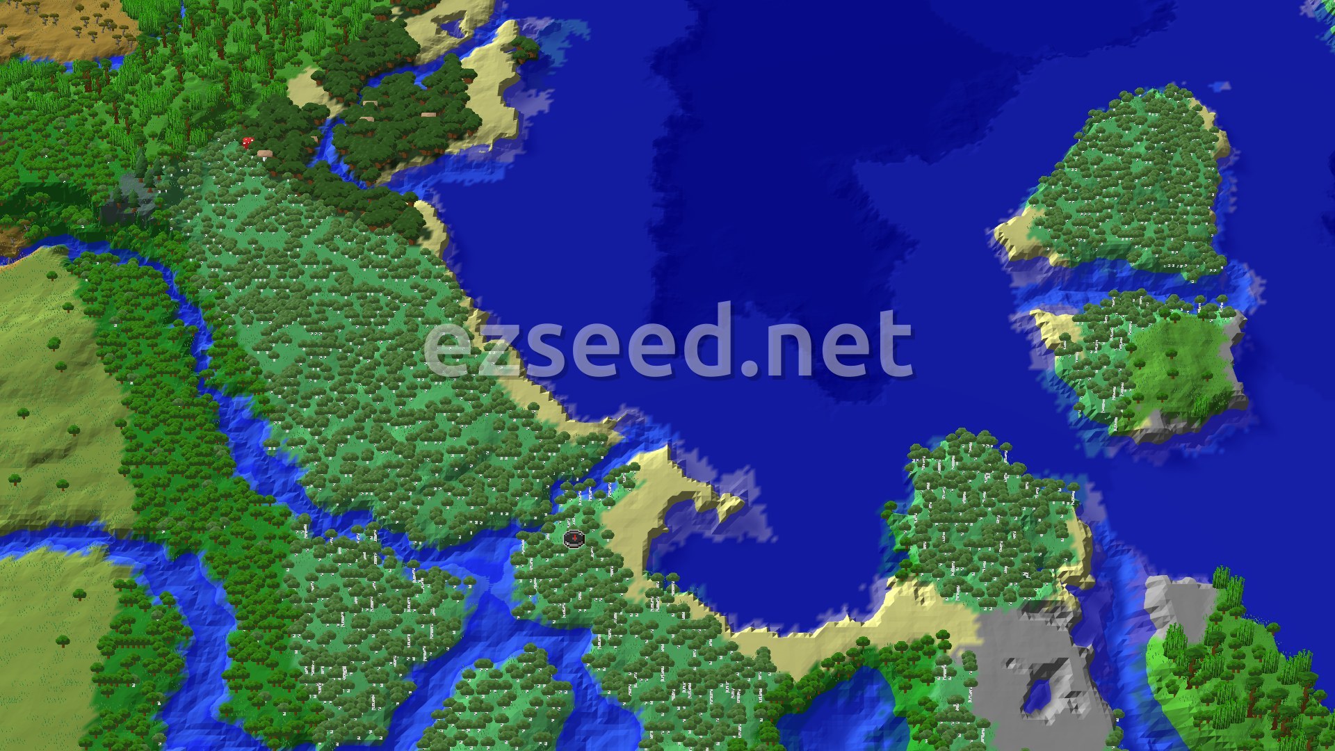 A dense birch forest slopes down to a sandy beach curving around a deep blue bay, with river channels to the west and small forested islands out in the water.