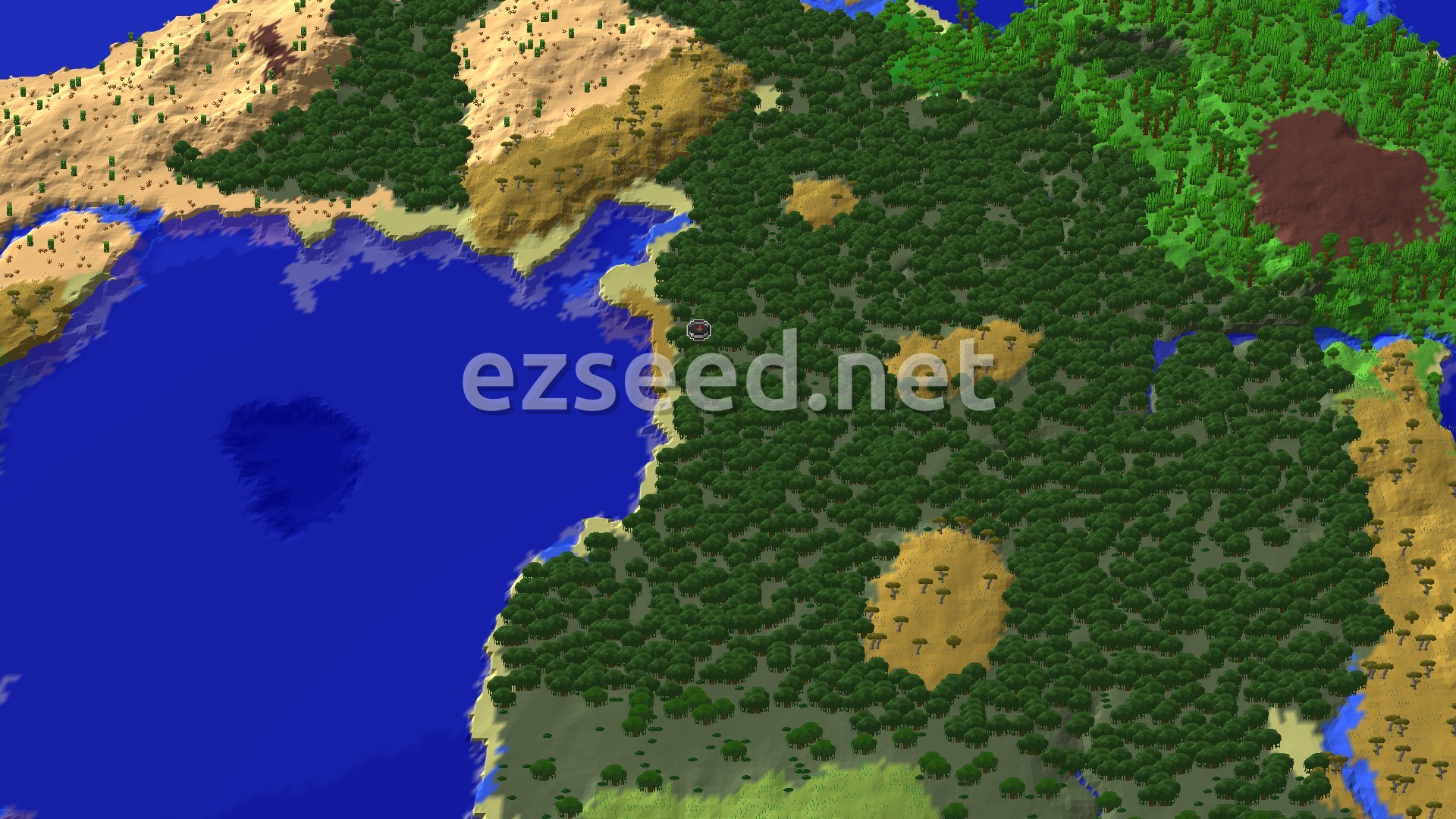 A thick canopy of dark mangrove trees runs along a sandy coastline, with a wide blue bay to the west, tan savanna hills nearby and green jungle in the upper right.