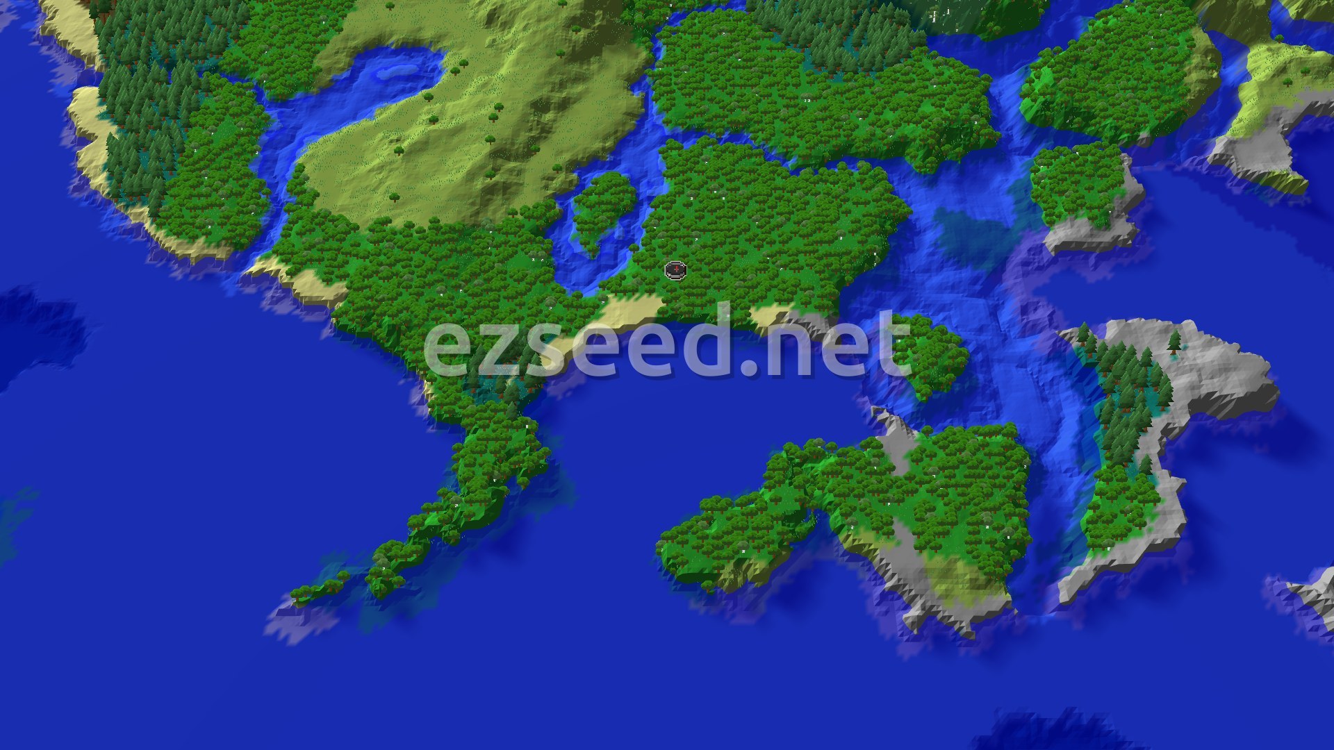 Fly-over of a forested coastline at spawn, with sandy beaches, a river channel and pale grassy hills, and cold ocean and rocky islets to the south and east.