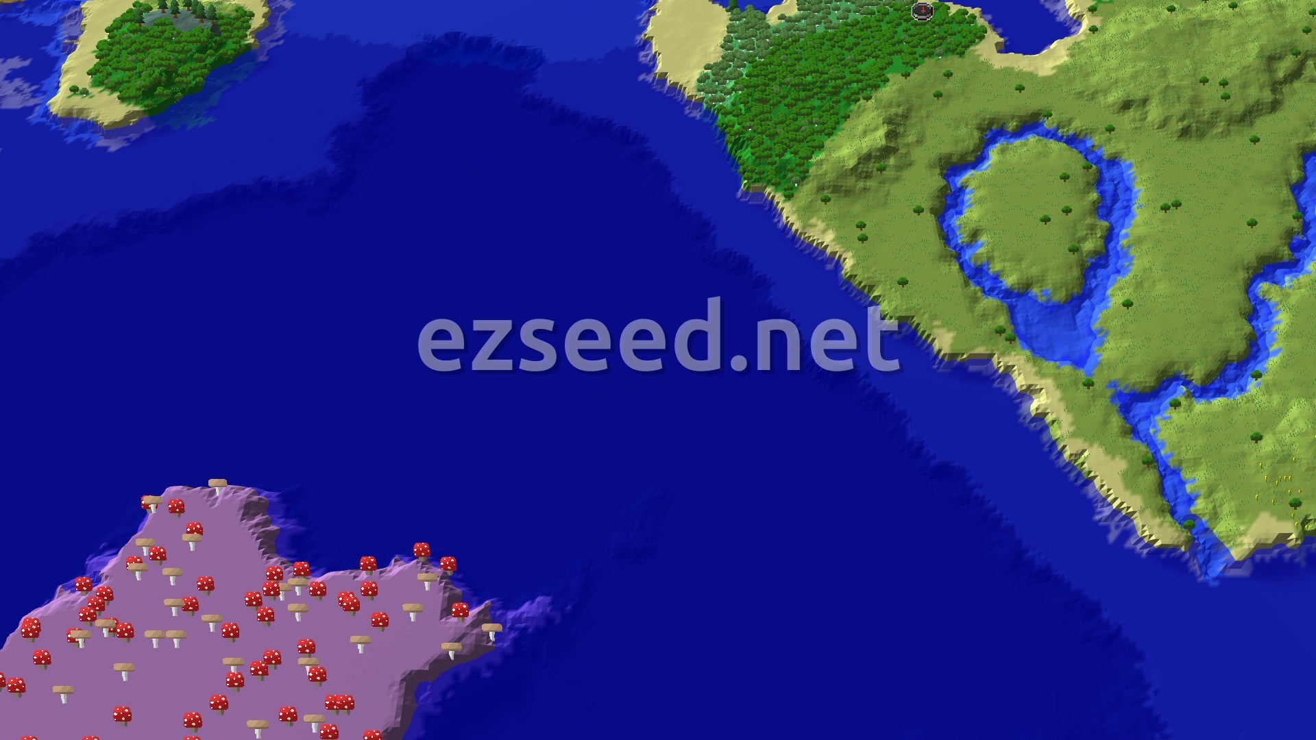 A 3D fly-over of the terrain around spawn, showing a forest with a river flowing into the ocean, and a mushroom island across the water.